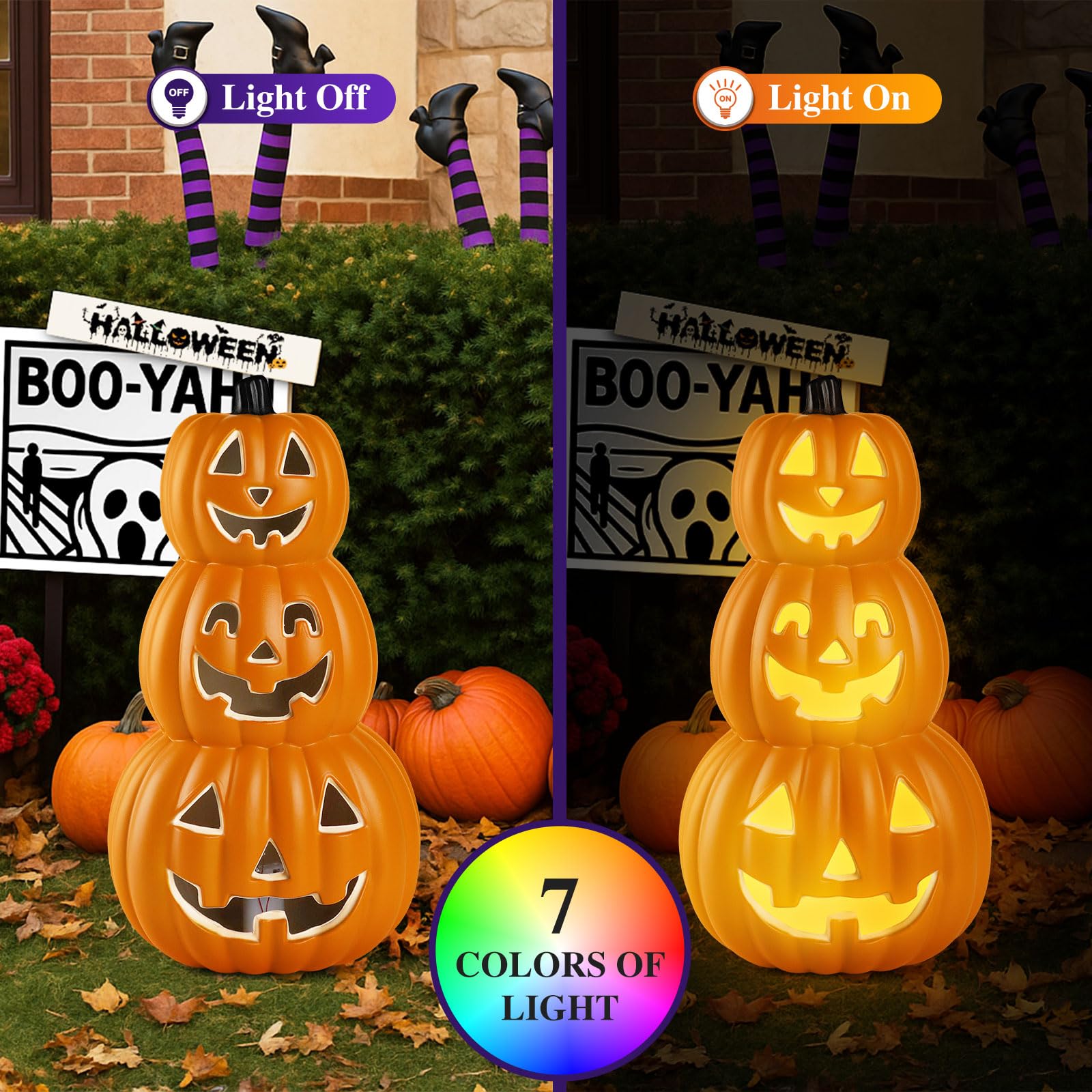 Lanpn 3 Stacked Halloween Pumpkin Lanterns Light Decor, 7 Color
