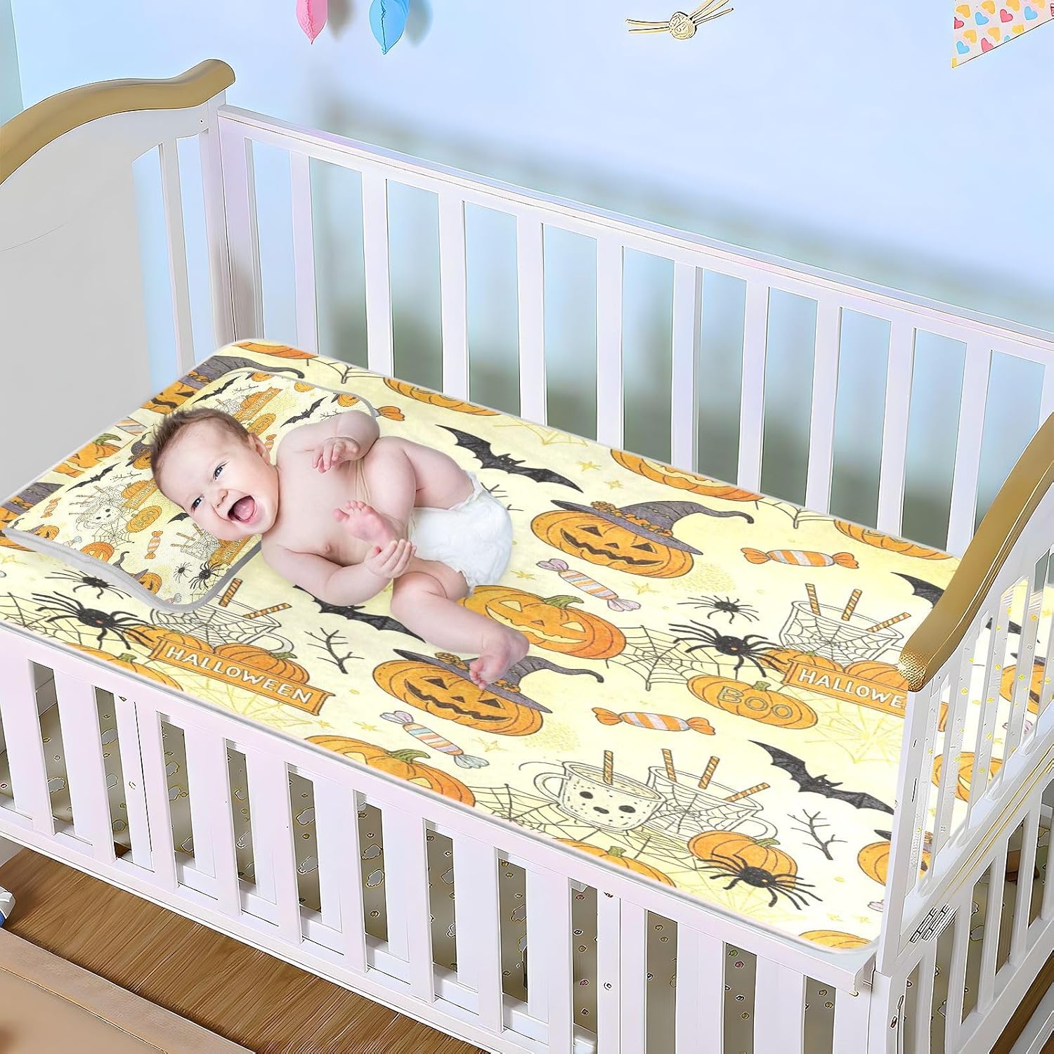 Cooling Baby Mattress Pee Training 28" x 52" Reusable Unique Pumpkin Bats Boo Witches Bed Pads for Kids for Baby&Toddler