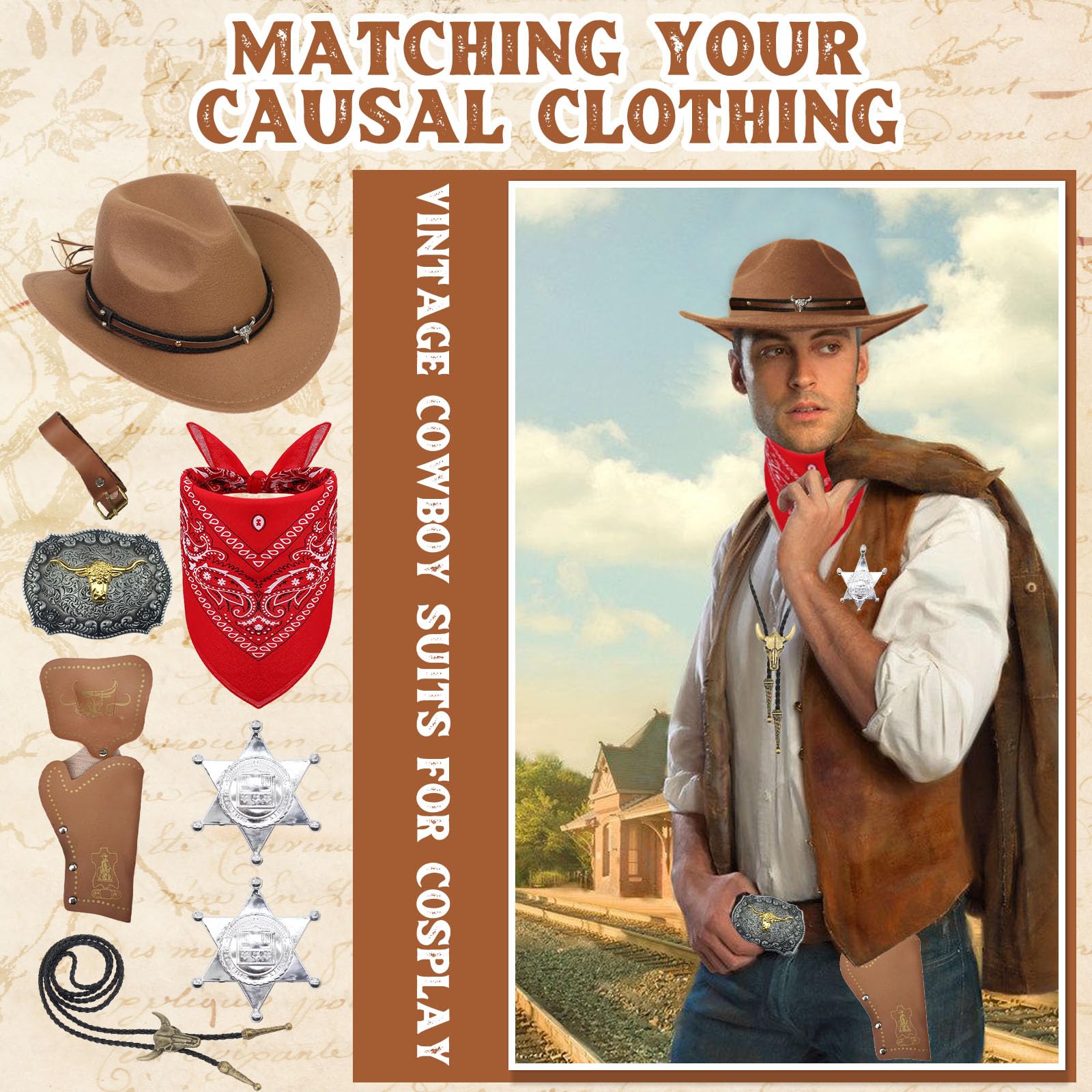 Cowboy Kostüm Set Herren - 7-teiliges Western Outfit Mit Hut & Weste