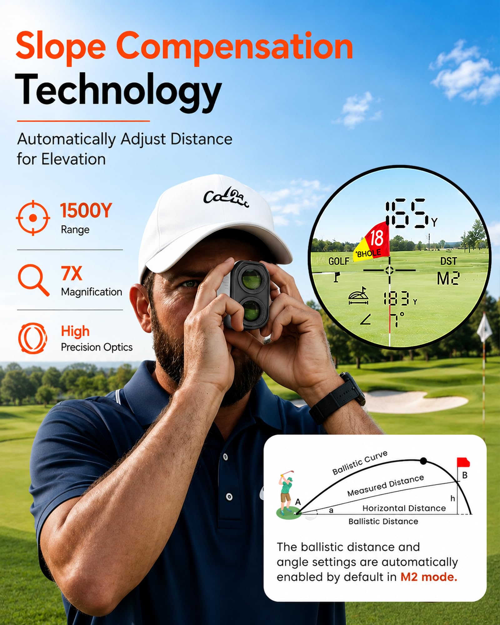 Telémetro de golf con pendiente, 1300/1500 yardas, buscador láser para golf y caza, aumento 7X, vibración de bloqueo de bandera de alta precisión, recargable, impermeable IP54, tira magnética