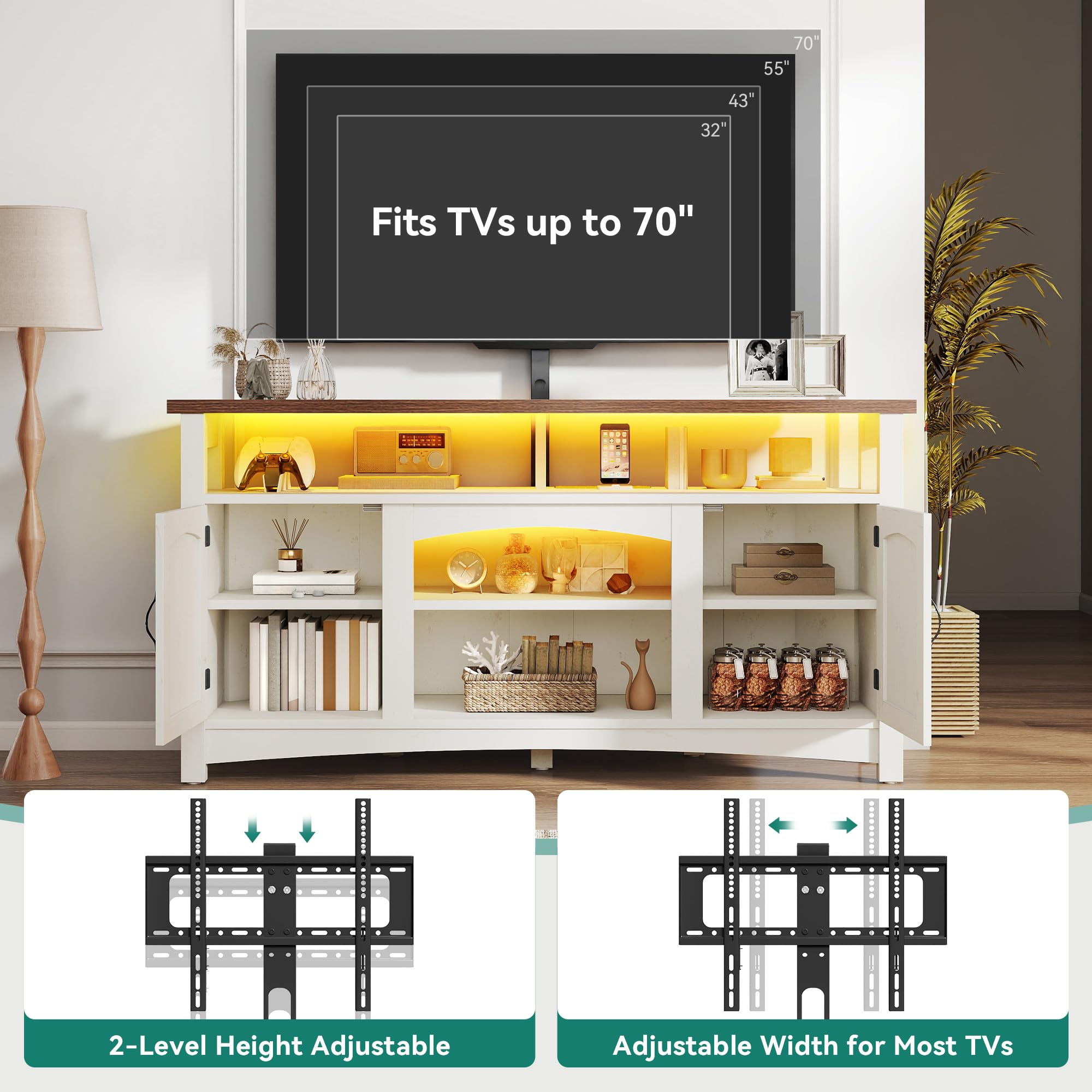 YITAHOME Farmhouse TV Stand for 75/70 Inch TV Entertainment Center with TV Mount, LED TV Stand for Living Room with Storage & Power Outlets, Walnut & Warm White