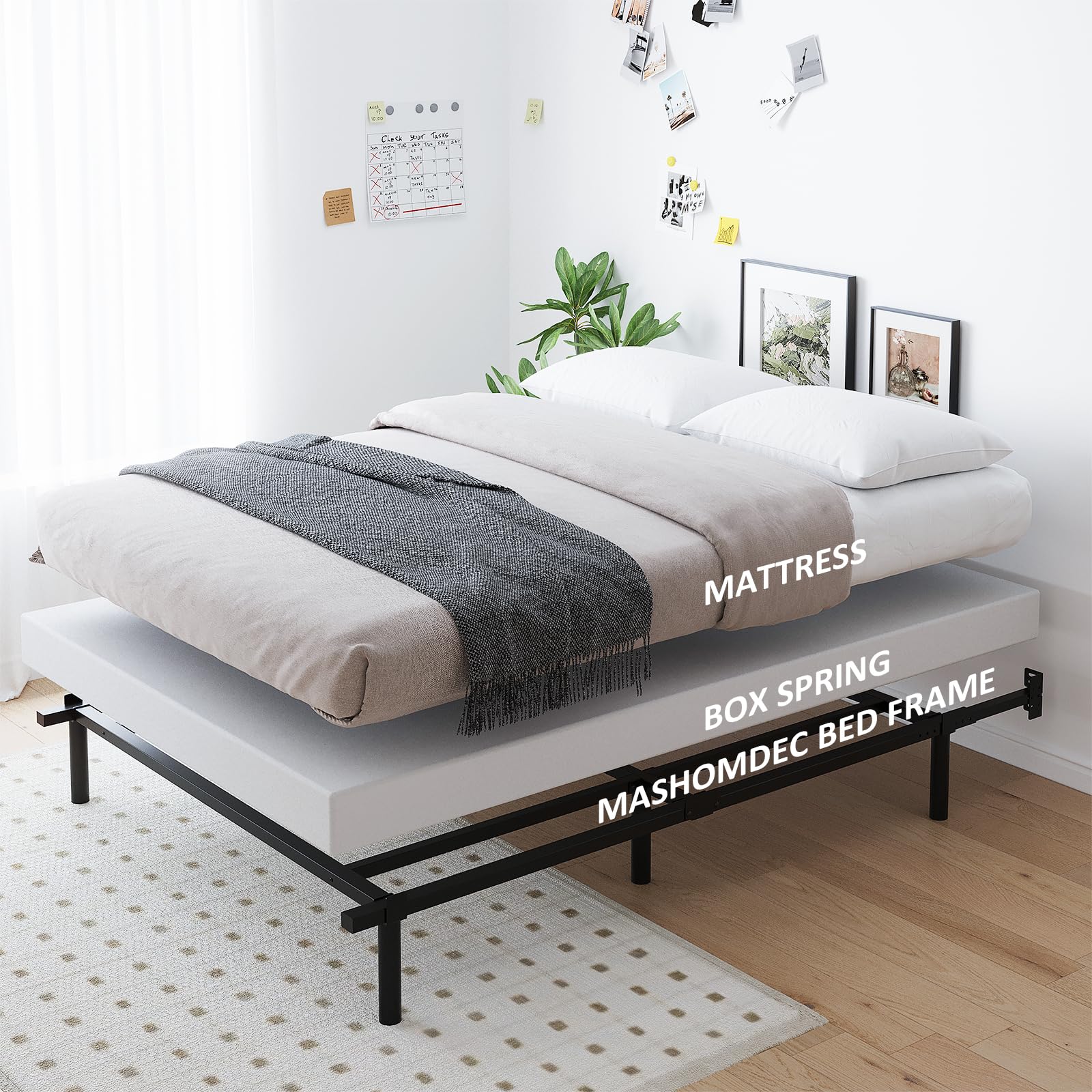 Marco de cama de metal Queen de 7 pulgadas, base de cama de plataforma baja y resistente, tamaño Queen para somier y colchón, fácil montaje, sin ruido, ajustable, color negro 7
