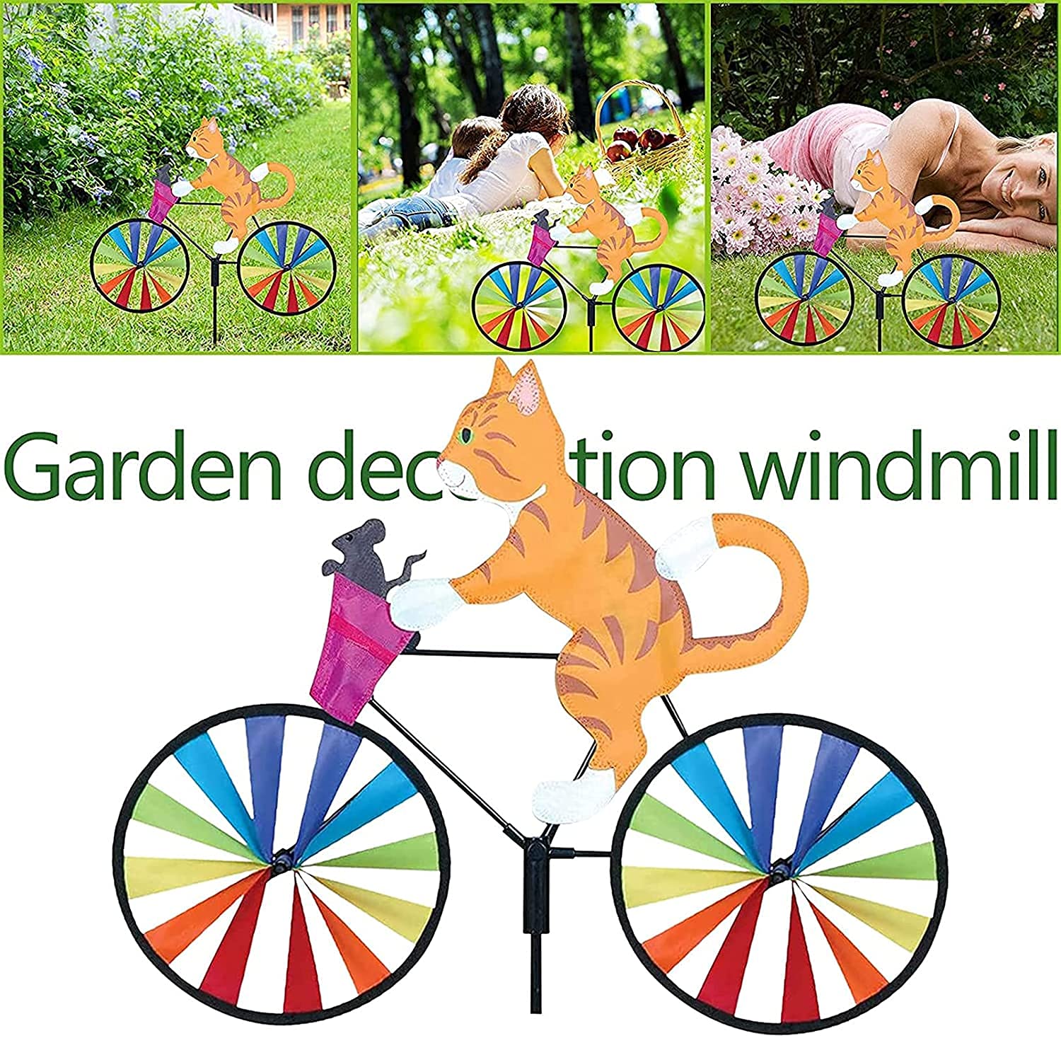Moulin à vent en forme de vélo avec motif de dessin animé - Pour décoration extérieure - Chat jaune