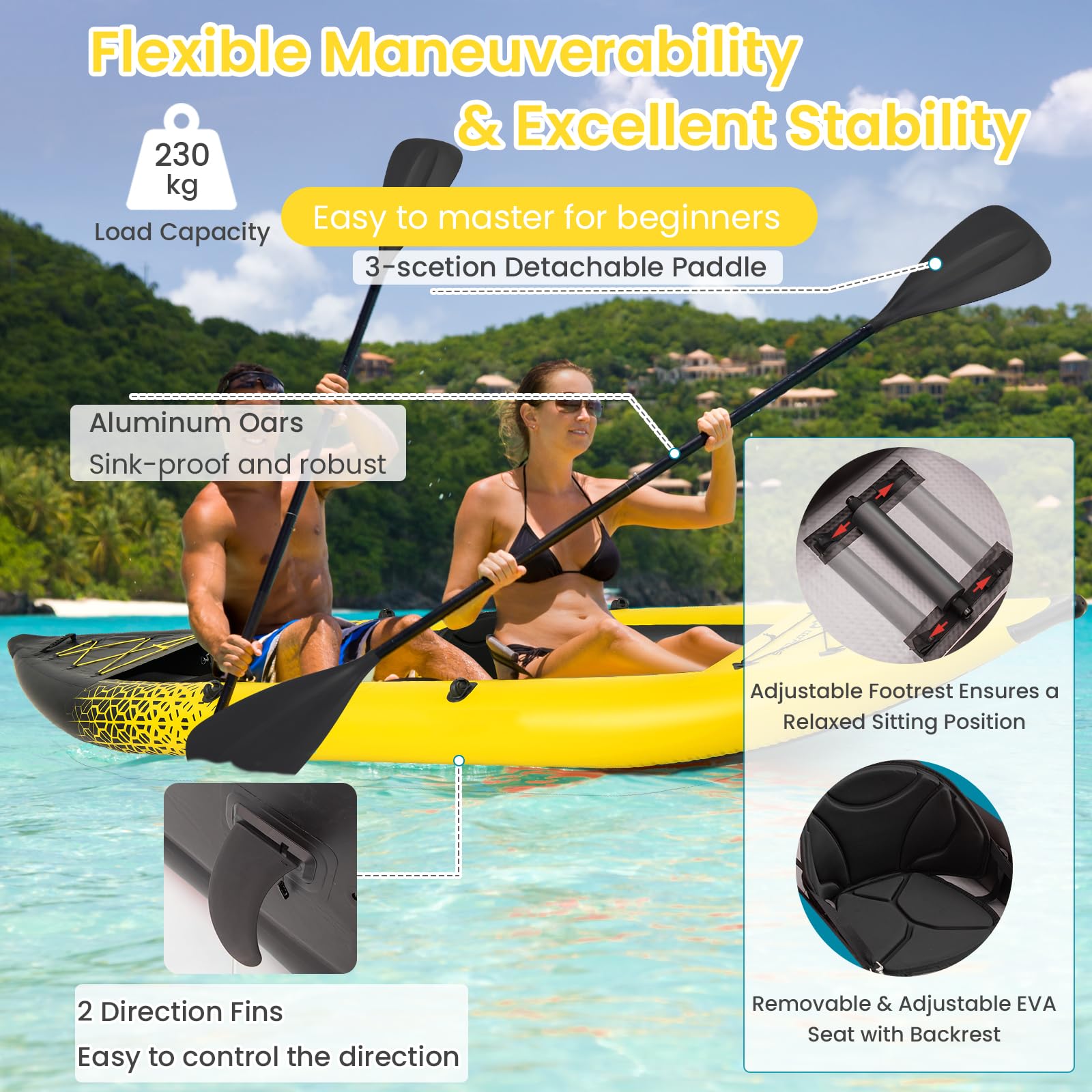 HOMASIS Kayak Gonfiabile 2 Posti in PVC, Canoa Gonfiabile con 2 Pagaie Regolabili, Borsa per il Trasporto, Pompa a Mano e Kit di Riparazione, Gommone Mare per Adulti, 382 x 94 x 40 cm