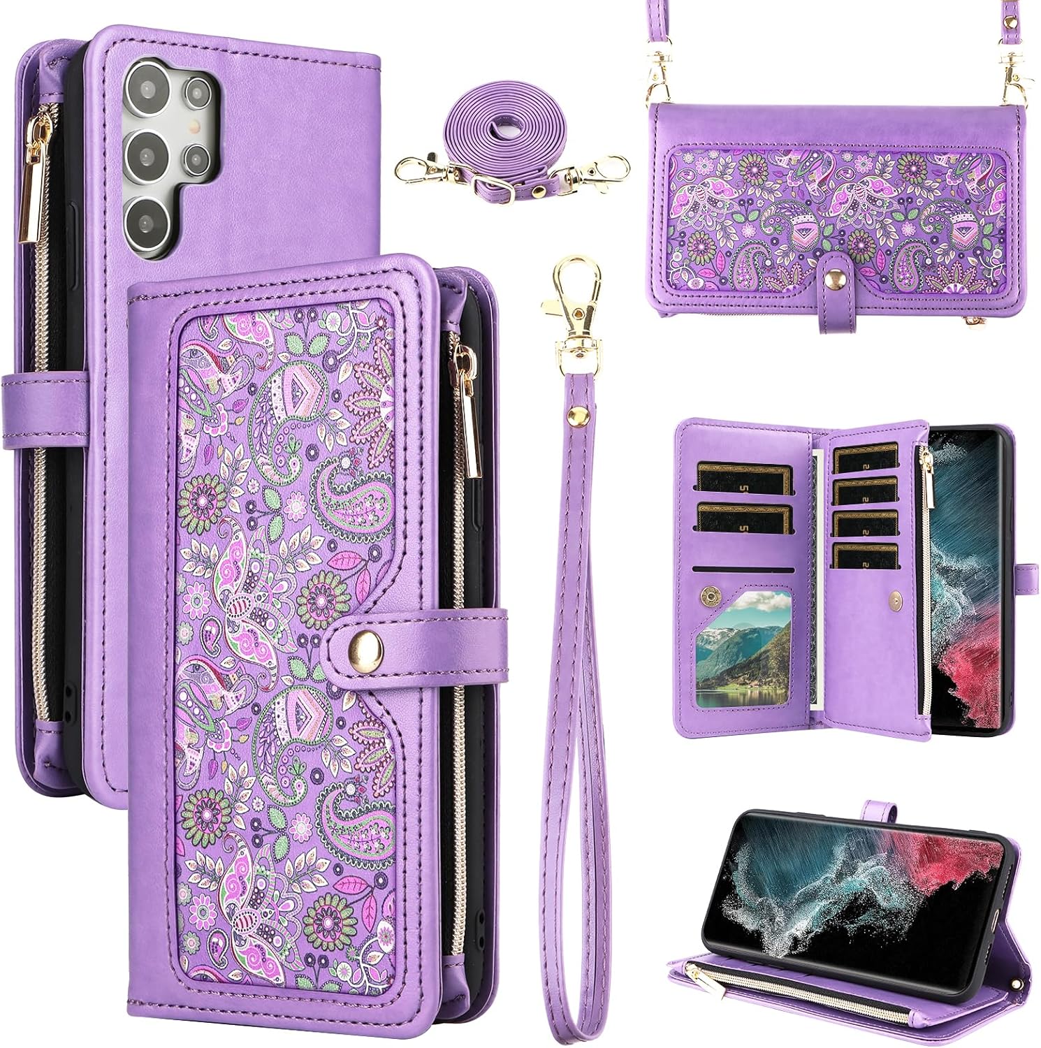 for Samsung Galaxy S24 Ultra 5G Floral Wallet Case with Wrist Strap Shoulder Strap Zipper Purse, Folio Flip Credit Card Holder Stand Phone Cover for S24Ultra 24S S 24 24Ultra Women Men Purple
