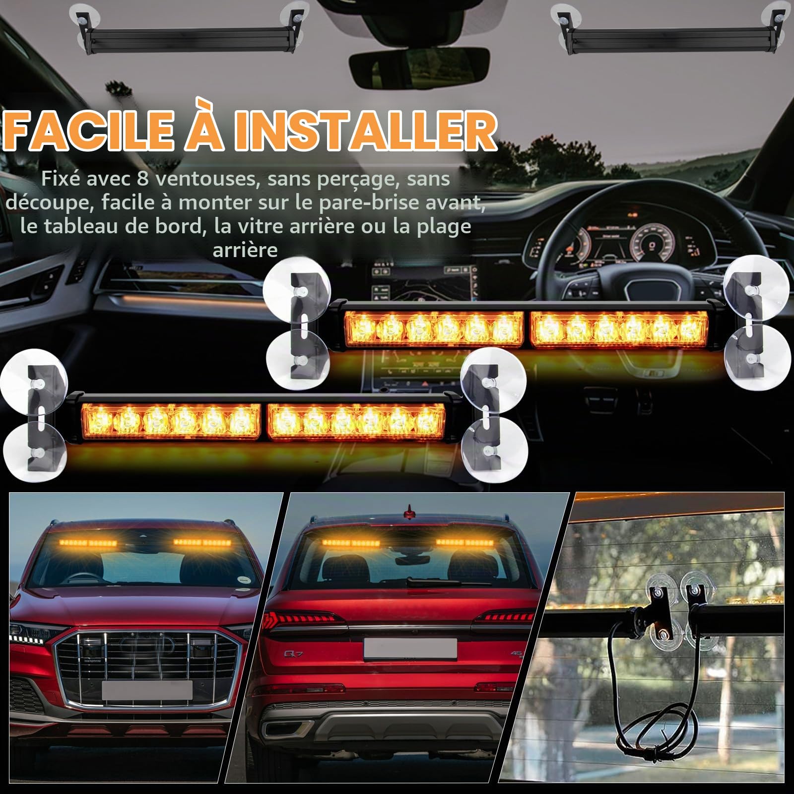 Lumières Stroboscopiques pour Pare-Brise de Voiture, 24-LED 2 x 12.4'' Feux Stroboscopique d' Urgence Feux de Balise Clignotants 23 Modes pour Voitures Camions Van (Amber)