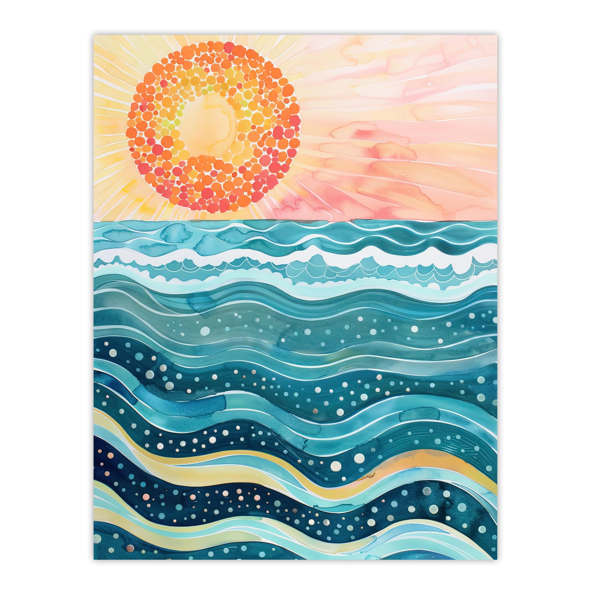 Artery8 Sun Rising Over Sea Waves Blue Orange Folk Art Living Room Large Wall Art Poster Print Thick Paper 18X24 Inch