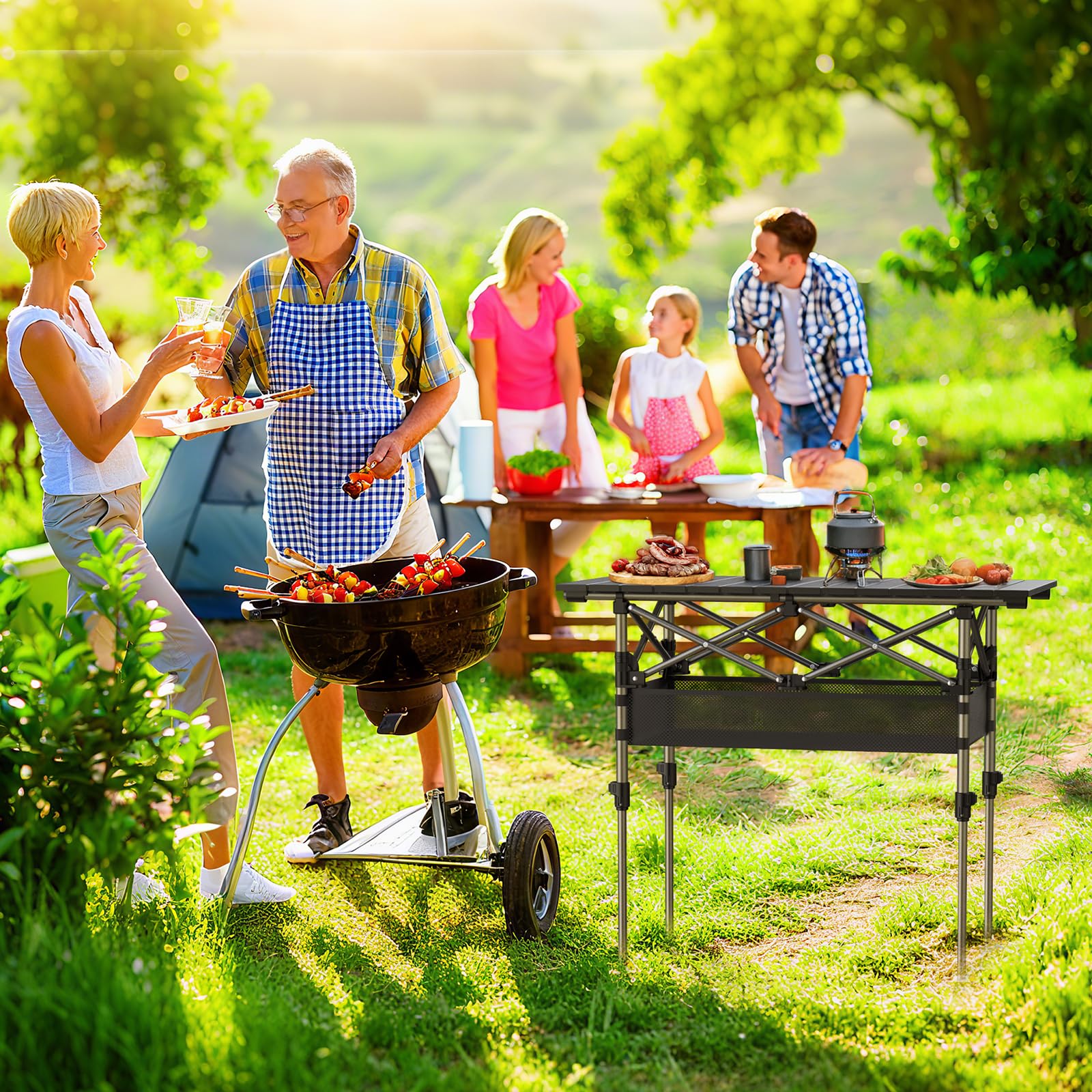 JiGiU Tavolo Pieghevole da Esterno 70 cm Nero Regolabile in Altezza-Design a Pacchetto Compatto con Rete Portaoggetti, per Campeggio, Giardino, Spiaggia e Picnic
