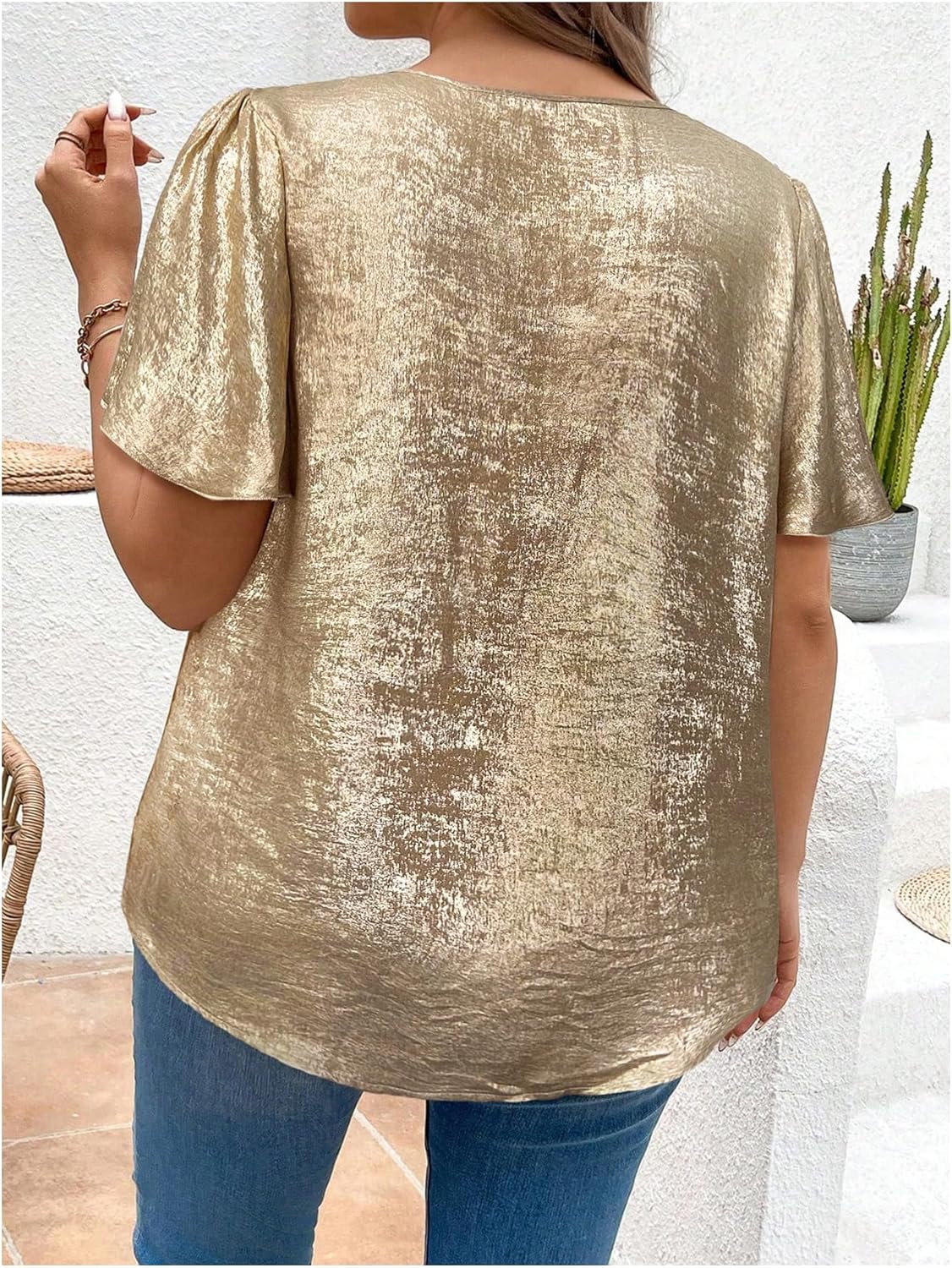 Floerns Women's Plus Size Flounce Short Sleeve Keyhole Neck Party Blouse Tops - Image 2