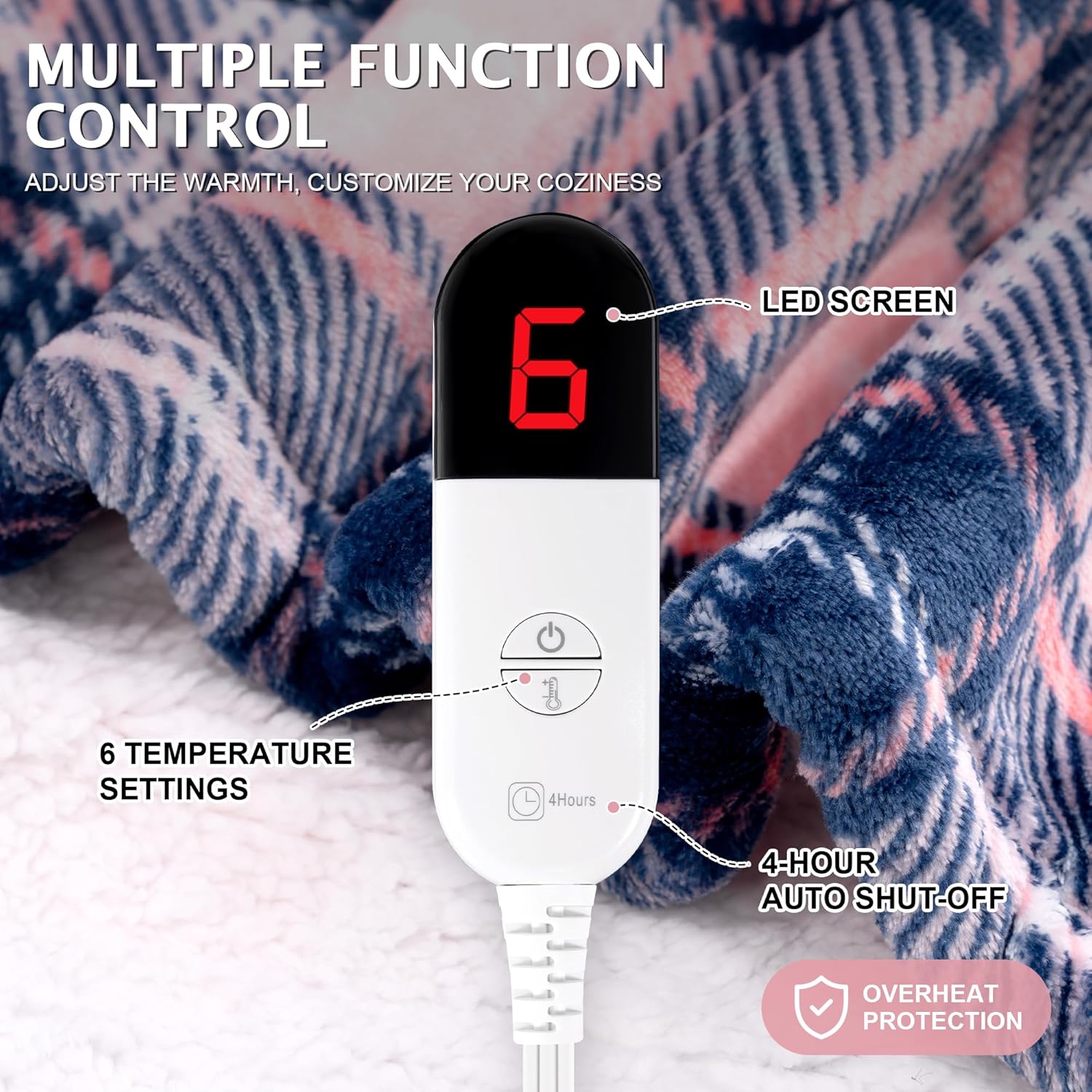 Electric Blanket Wearable Heated Shawl with Hood & Pockets – 6 Heat Settings, 4H Auto-Off, Flannel & Sherpa Reversible, Cozy Plaid Heated Throw Blanket for Home, Couch, or Gift, 40"x70", Pink - Image 2