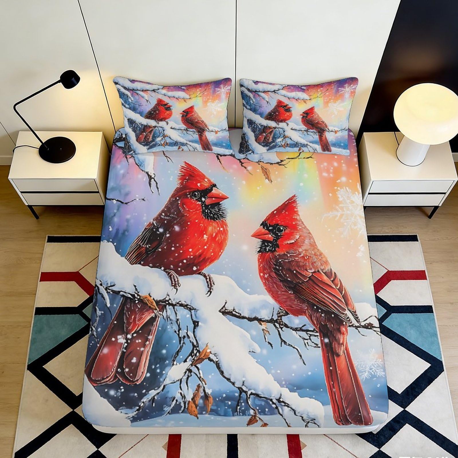 3D Printed Red Cardinal Birds Fitted Sheet Microfiber Soft Artistic Snowy Branch Bed Cover for Bedroom Dorm Decor 90x200x25cm