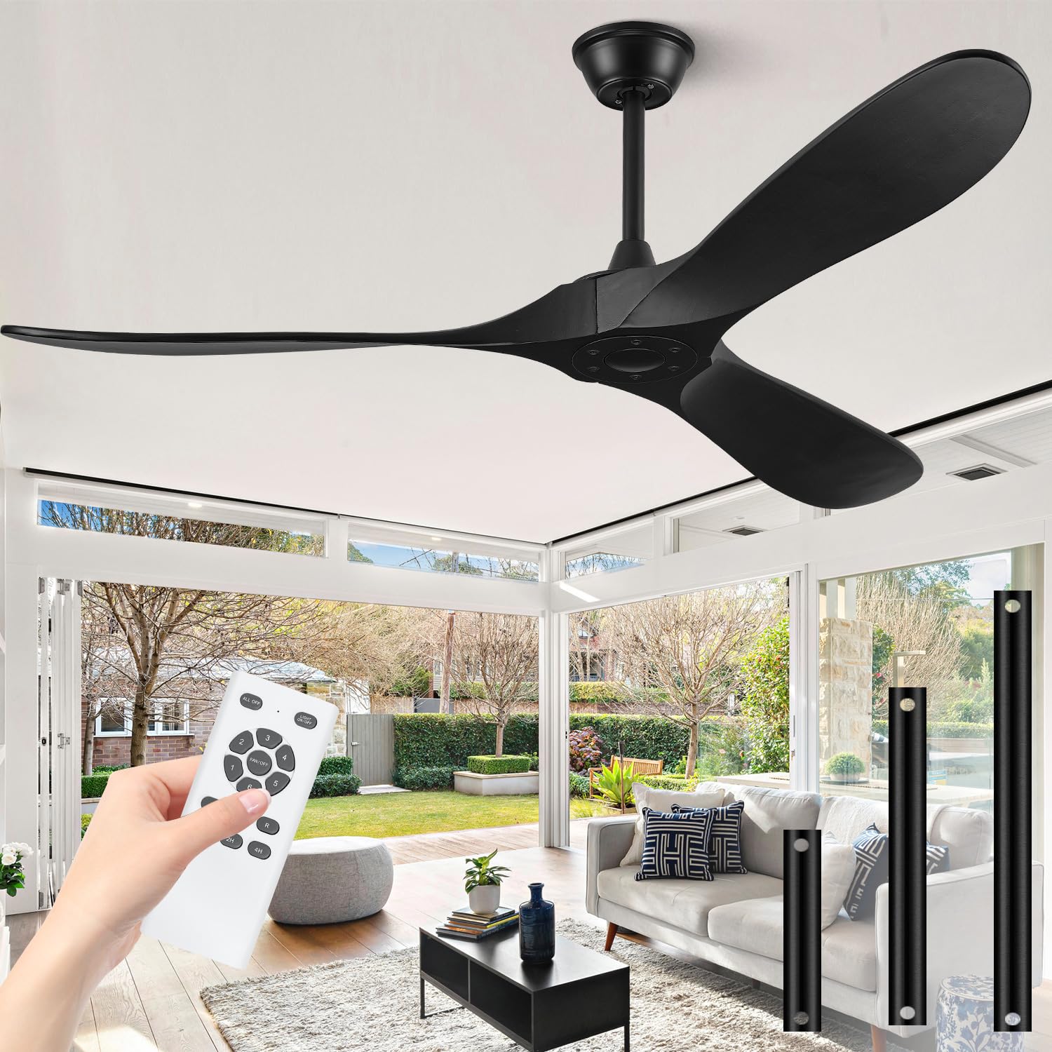 BOOSANT 60" Ceiling Fans Without Light, Solid Wood Ceiling Fan with Remote Control and Quiet DC Motor, Ceiling Fan no Light 3 Blades, Outdoor Ceiling Fans for Patios without Lights, ETL Listed