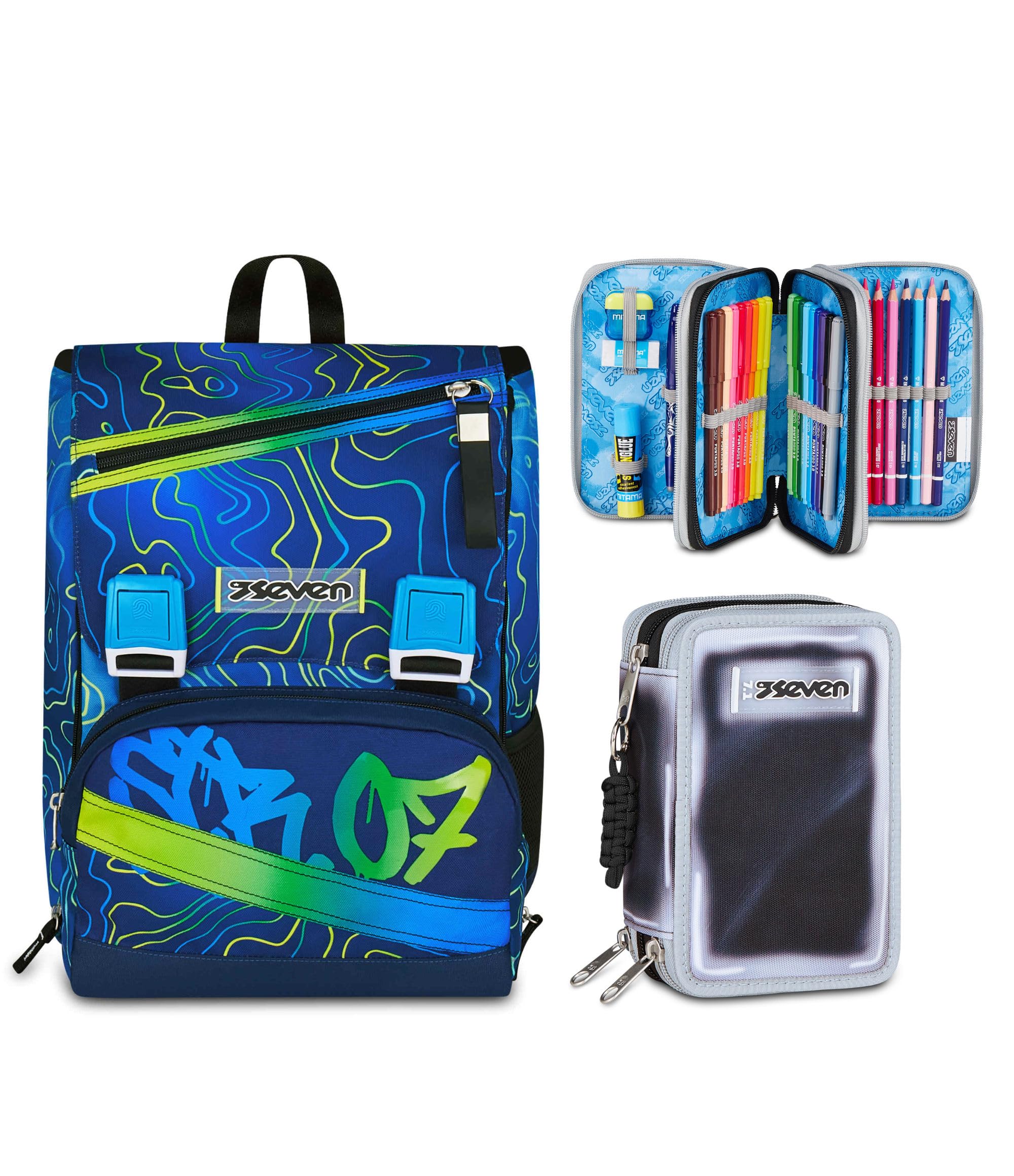 Seven Zaino Doppio Scomparto Estensibile Seven, Blu, Schienale Preformato, Bambino Scuola +Astuccio 3 zip SHADOWS OF COLOR, Nero, 45 pezzi, Pratiche chiusure con zip, Scuola elementare, Bambini