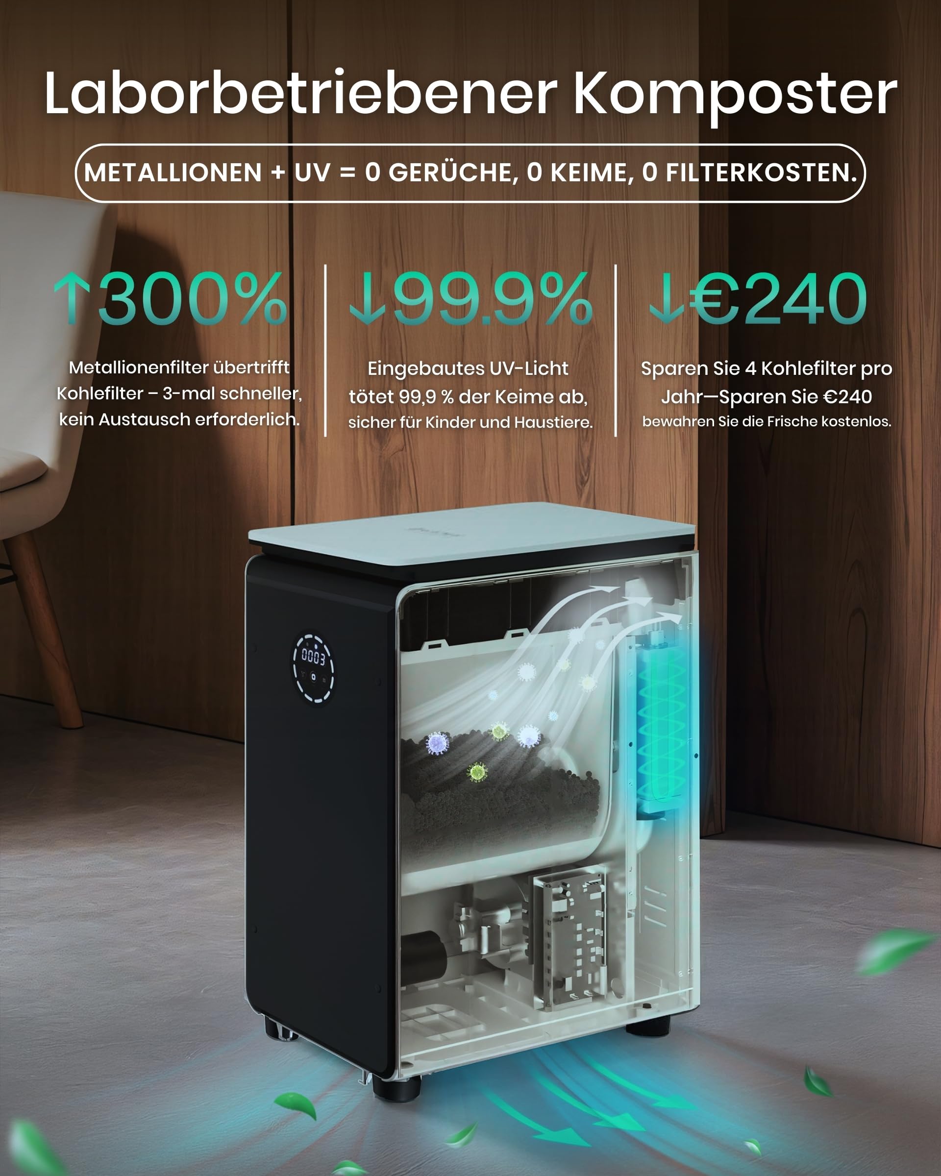 GEME 19L Elektrischer Komposter Küche, Weltweit erste Smarte Bio Kompostier Maschine, Dauerhafter Filter, Echte Kompostierung, Food Cycler, zu Organischem Kompost Werden, Elektrischer Kompostbehälter