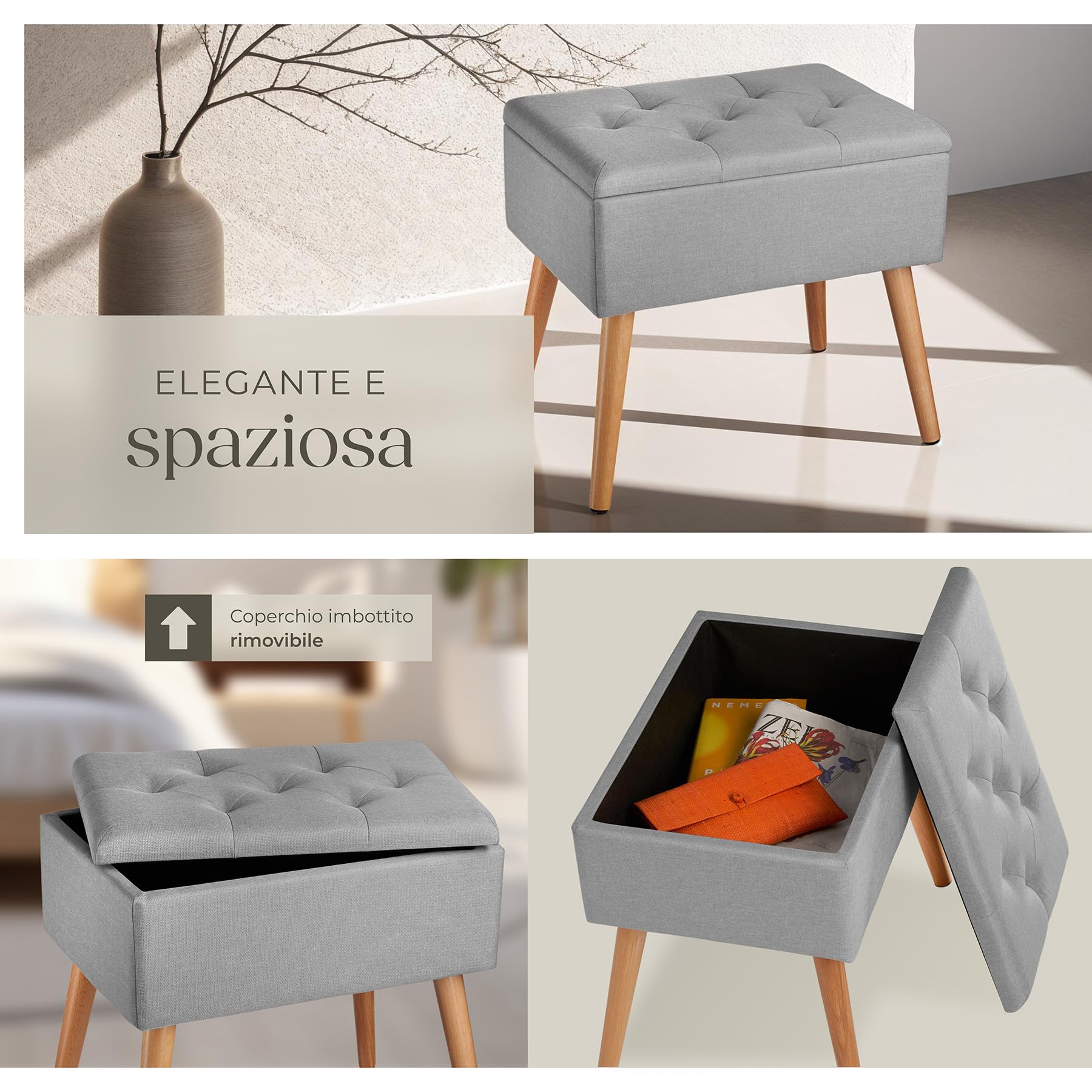 tectake® Panchina Imbottita, Rivestimento Effetto Lino, Scomparto Interno, Gambe in Faggio Massiccio, Capacità 300 Kg, Misure 51x37,5x45,5 cm - Grigio Chiaro