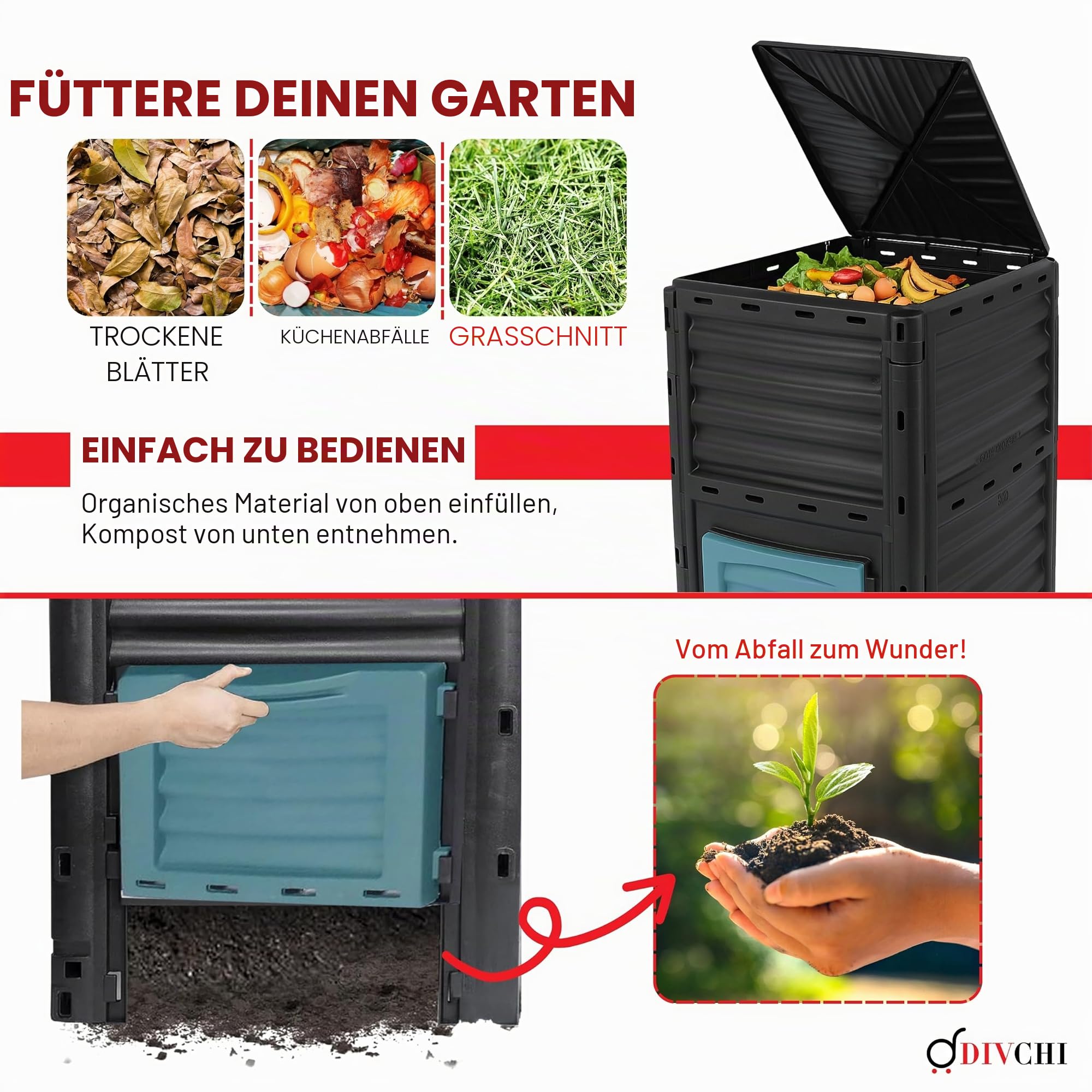 DIVCHI 300L Gartenkomposteimer - Kompostierbehälter für den Außenbereich für Küche & Gartenabfälle - umweltfreundlich, langlebig & wasserdicht, UV-geschützt, BPA-freier Kunststoff (Schwarzgrün)