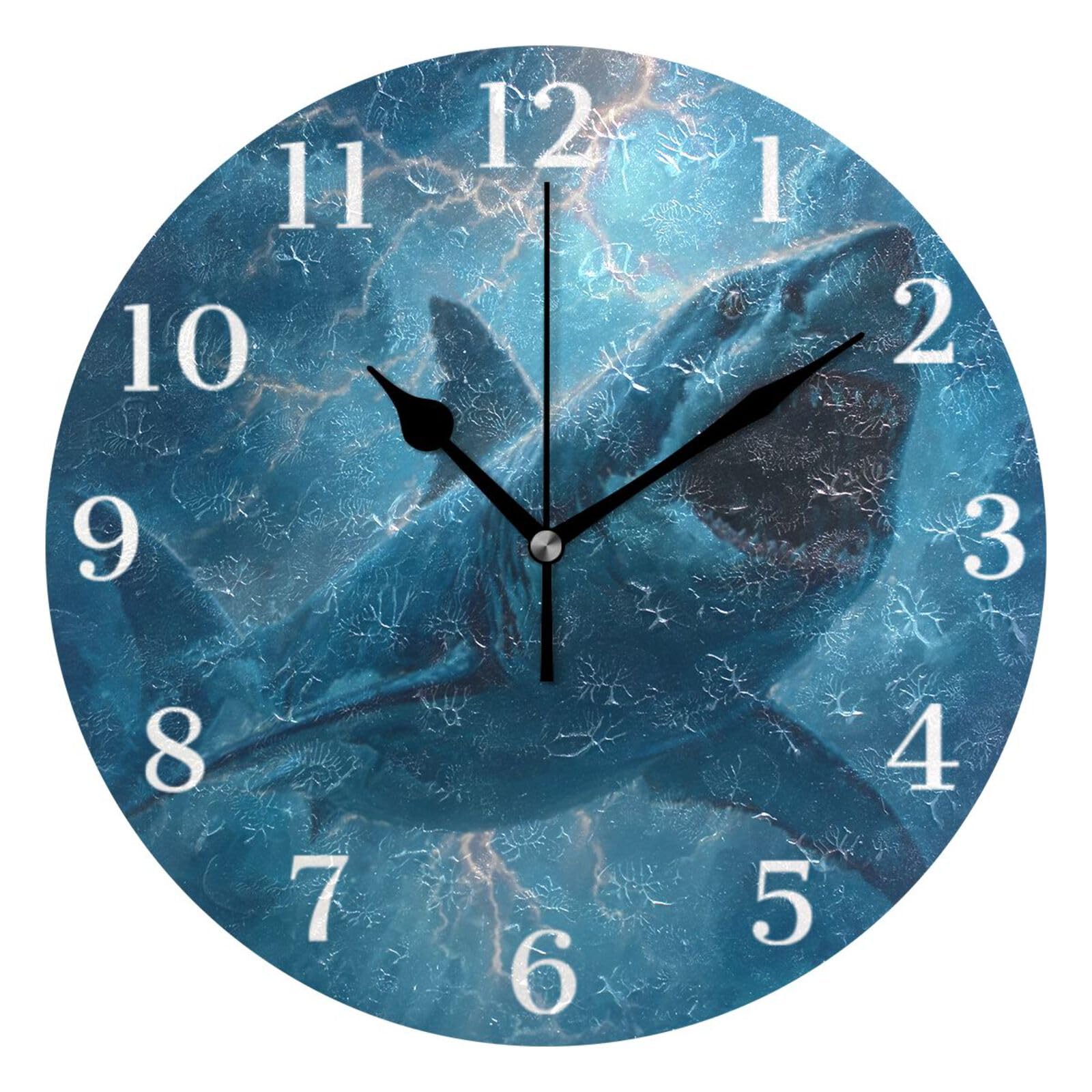 Ensound Shark in Sea Wall Clock Silent Non-Ticking Battery Operated Clocks 12 Inch for Kitchen Home Living Room