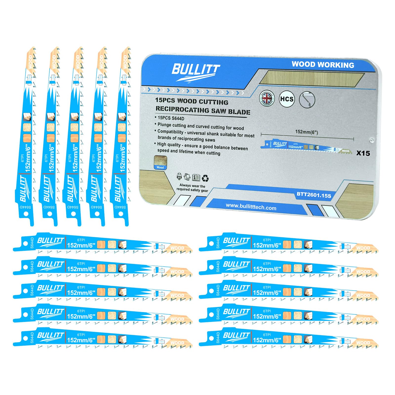 BULLITT 15PCS Reciprocating Saw Blade Set,S644D for Wood/Construction Timber/Chipboard/MDF