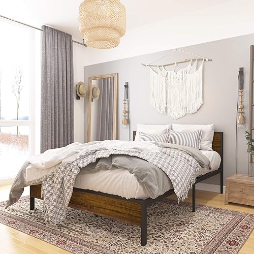 Weehom Metal Platform Bed Frame Mattress Foundation with Wood Headboard Duty Steel Slat Support 14Inch Bed Storage Non-Slip No Box Spring Needed Full