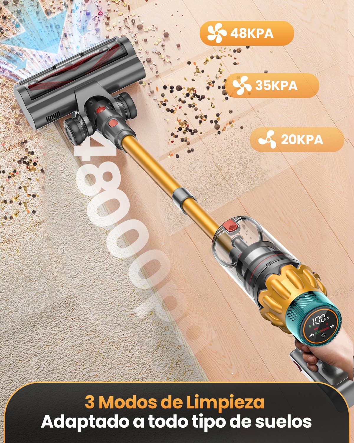 48 Kpa/550W/70Min Aspiradora sin Cable, 2.0L Aspirador de Mano con Pantalla Táctil, Cepillo Antienredos, Carga de Pared, Escoba Aspiradora sin Cable para Suelo Alfombra Pelos de Mascotas Automóviles