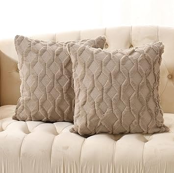 Volcanics Pack of 2 Faux Wool Throw Pillow Covers 18x18 Inches Decorative Farmhouse Velvet Couch Pillow Case Soft Plush Square Boho Cushion Pillowcase, Light Brown