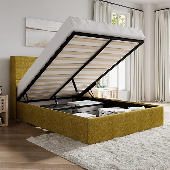 SHA CERLIN Full Size Lift Up Storage Bed/Modern Wingback Headboard/Upholstered Platform Bed Frame/Hydraulic Storage/No Box Spring Needed/Wood Slats Support/Olive Yellow