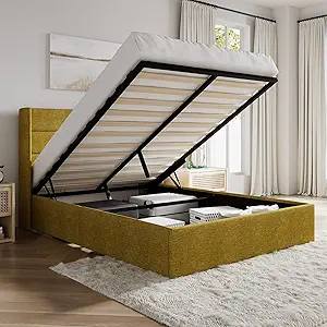 SHA CERLIN Full Size Lift Up Storage Bed/Modern Wingback Headboard/Upholstered Platform Bed Frame/Hydraulic Storage/No Box Spring Needed/Wood Slats Support/Olive Yellow