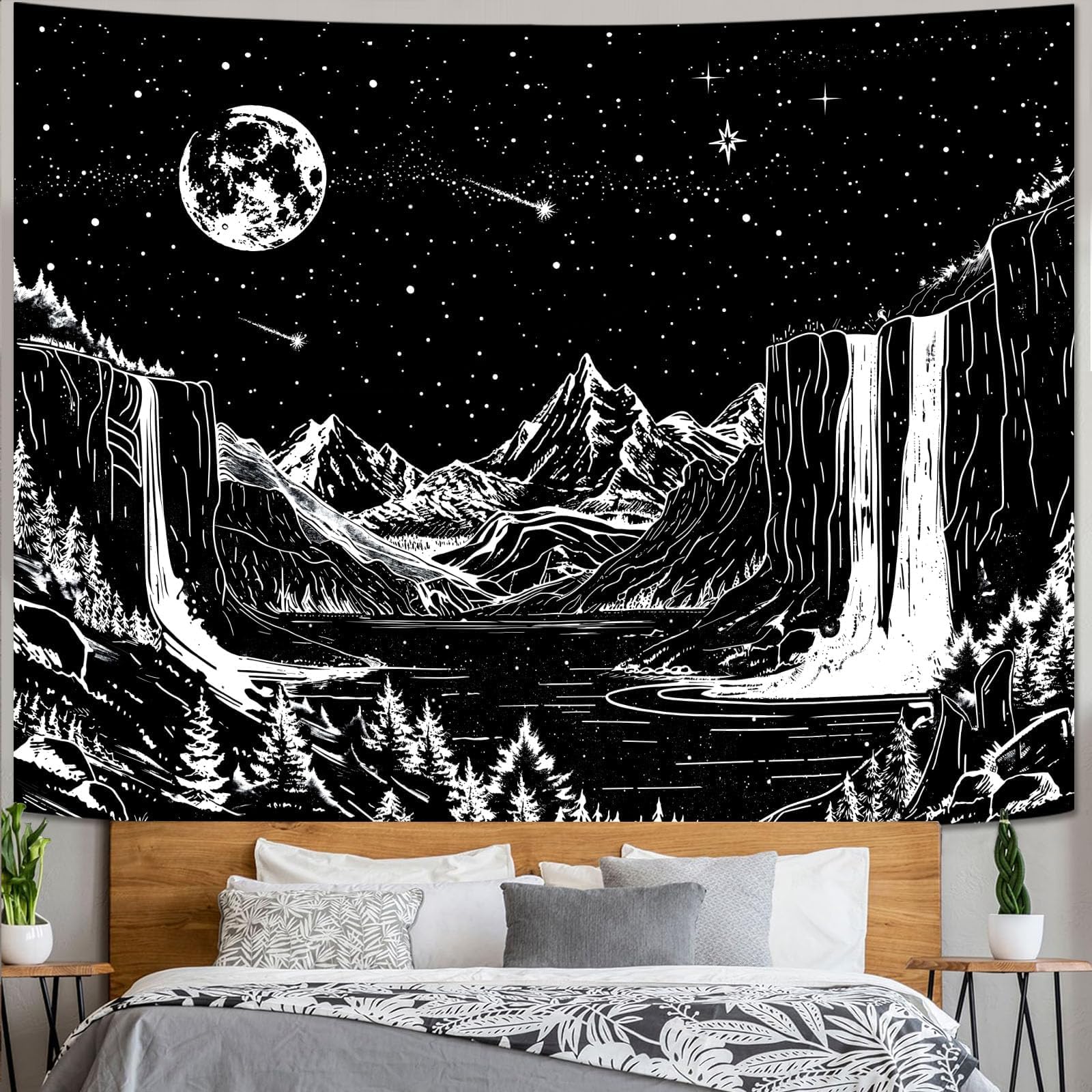 Lunerfex Tapiz blanco y negro con luz negra, noche estrellada, montaña, cascada, tapices para el hogar, estética de luna y estrellas, tapiz de pared para colgar en la pared, tapiz de bosque de