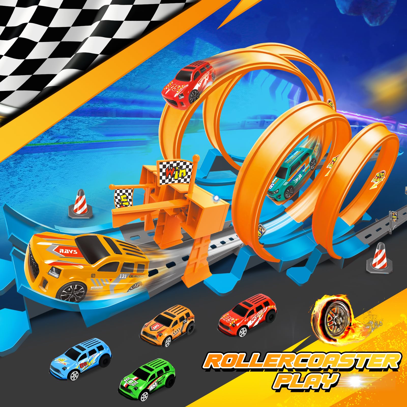 Ulikey Piste de Voiture Enfant, 76 Pièces Flexible Circuit Voitures avec 4 Loopings & 6 Voitures, Pistes de Course Voiture Jouet avec Lumières & Son, Démontage&Stockage, Cadeau Garcon Fille de 3+Ans