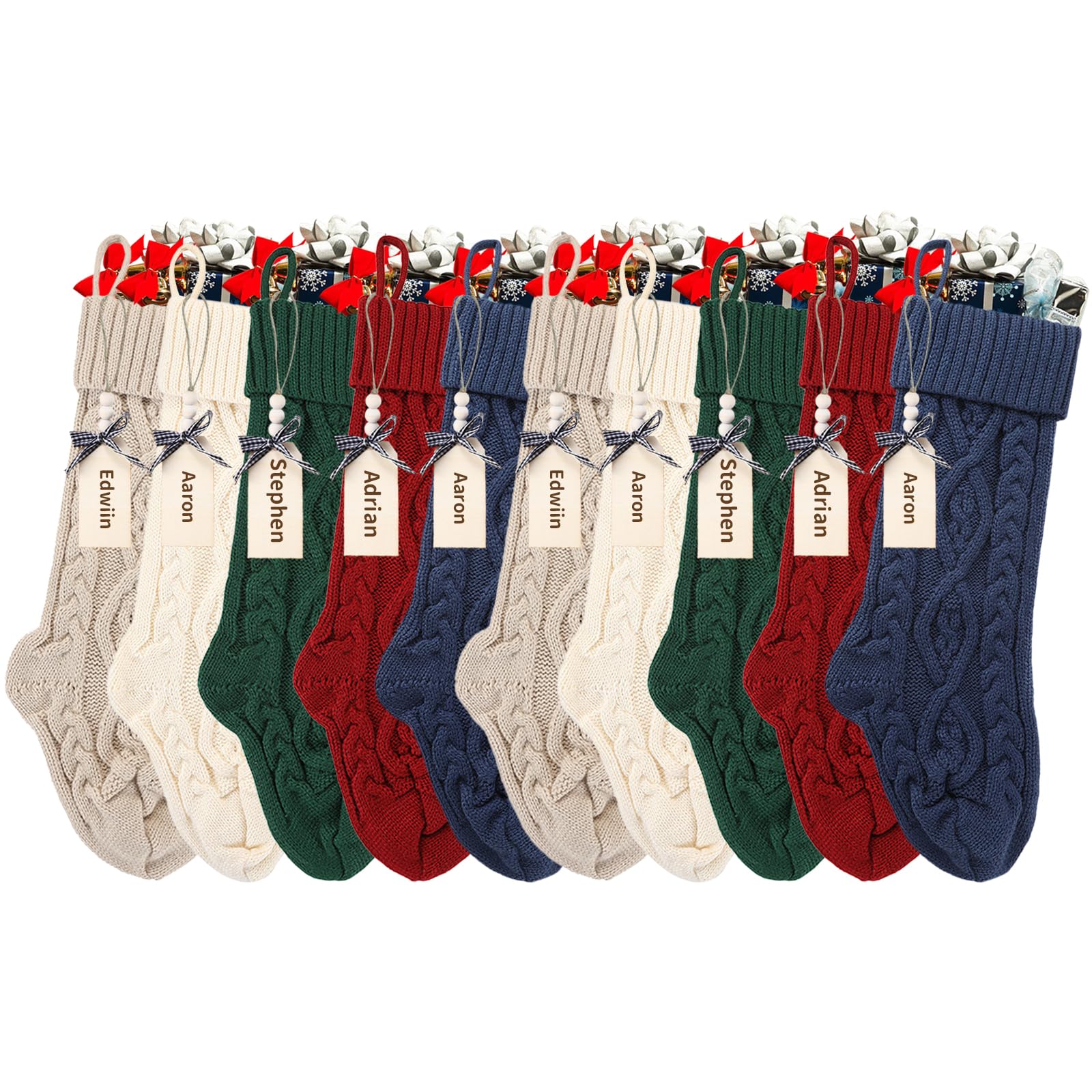 18 Inches Personalized Christmas Stockings: 10 Pack Ivory Red Green Khaki Blue Knit Christmas Stockings Set with Name Tags Christmas Decor Neutral