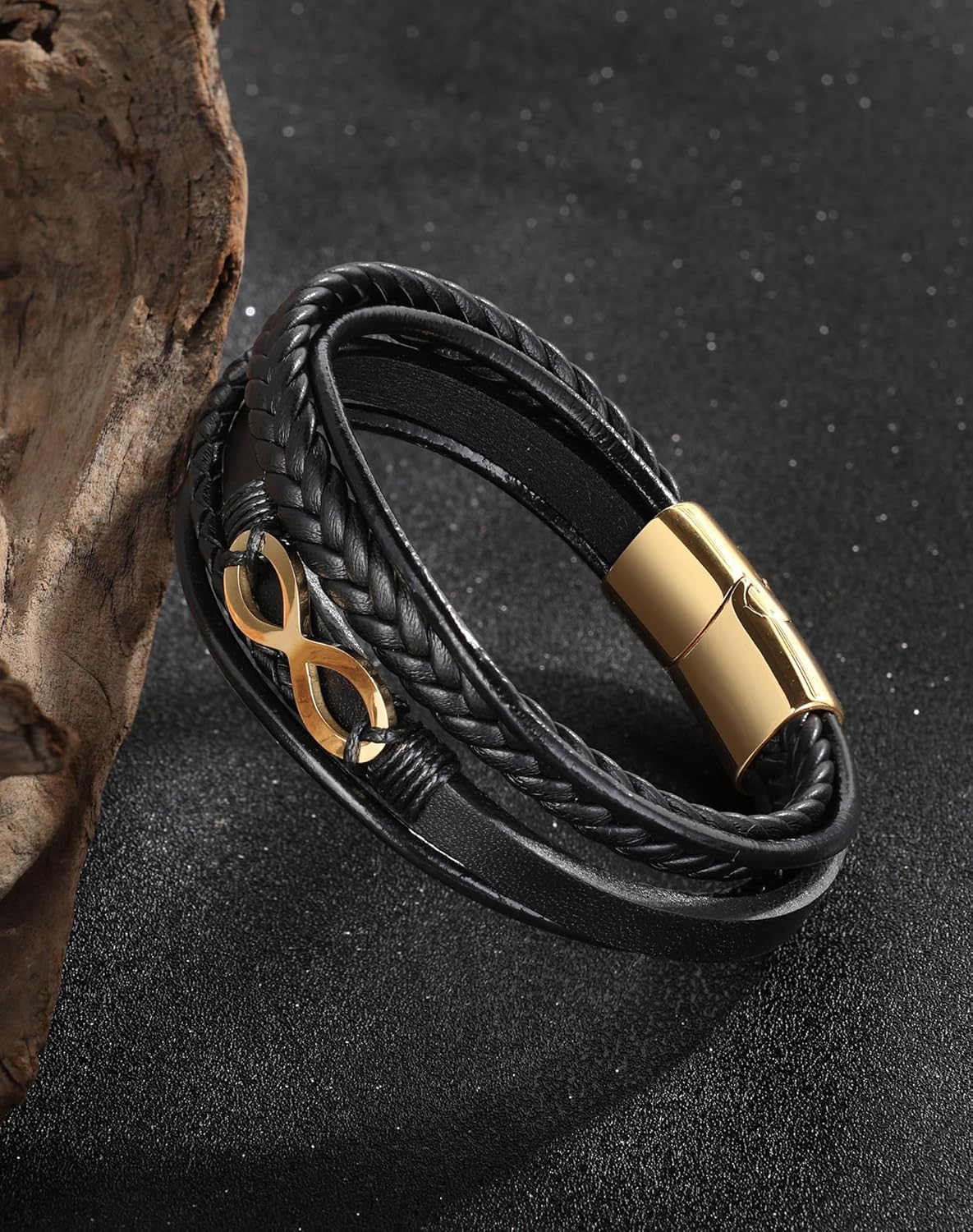 Mens Cuff Infinity Bracelet - Stainless Steel Genuine Leather Bracelets for Men - Multilayer Row Punk Jewelry - Image 6