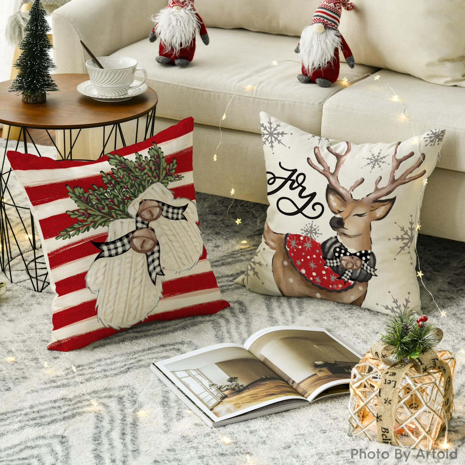 Artoid Mode, set di 4 federe per cuscino natalizie con cervi, alberi, slitta, fiocchi di neve, 45 x 45 cm, copricuscini decorativi per Natale, per divano e soggiorno