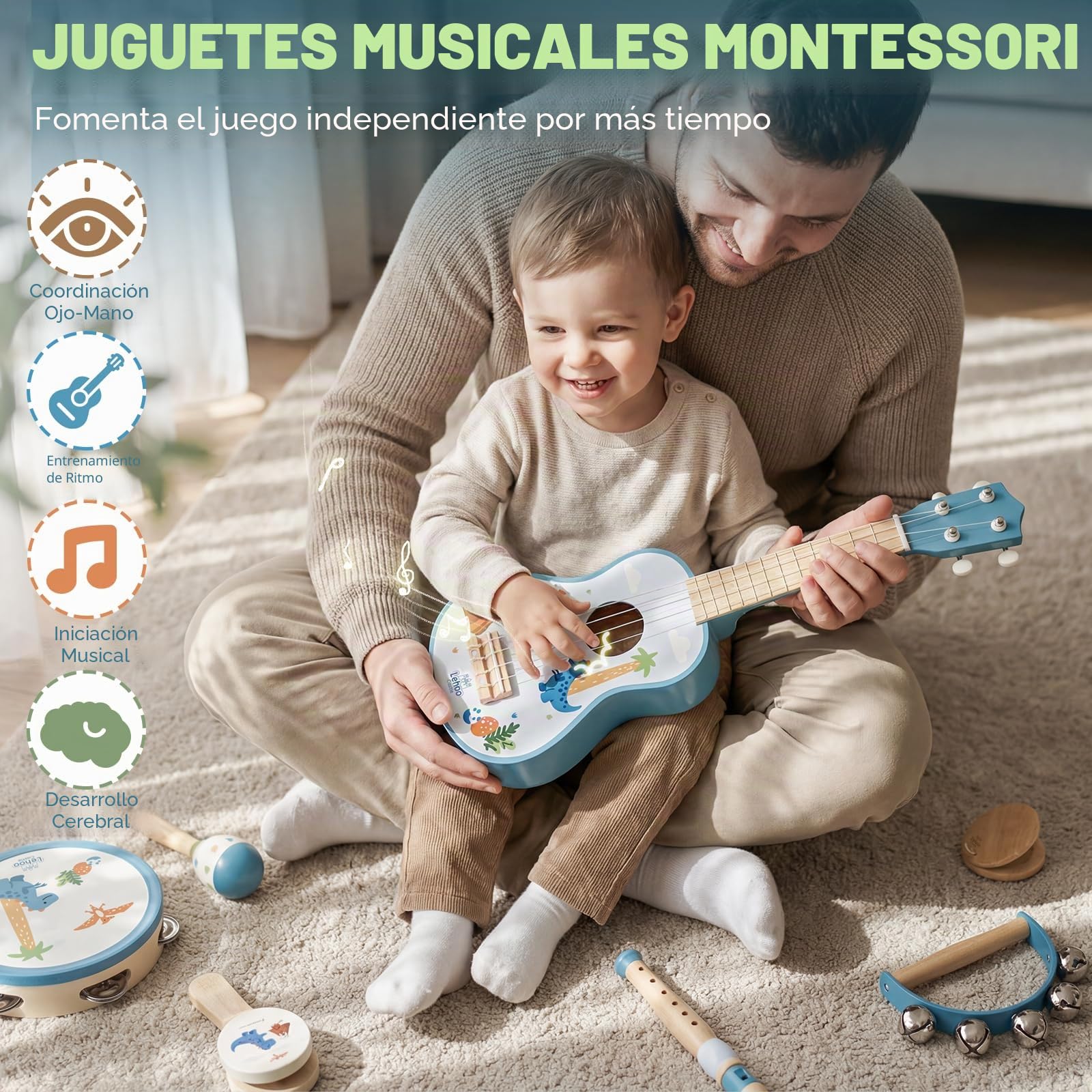 Lehoo Castle Juego de Guitarra Infantil con 7 Instrumentos usicales, Ukelele Niños de Madera con Pandereta, Flauta, Maracas y Sonajero, Educativos Juguete Musical Regalo 2 3 4 Años