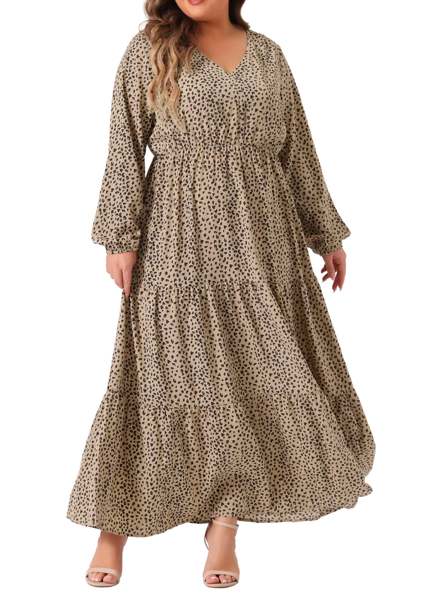 Agnes Orinda Plus Size Women's Polka Dots Long Maxi Dress Lantern Sleeve Ruffle Hem Flowy Boho Dresses