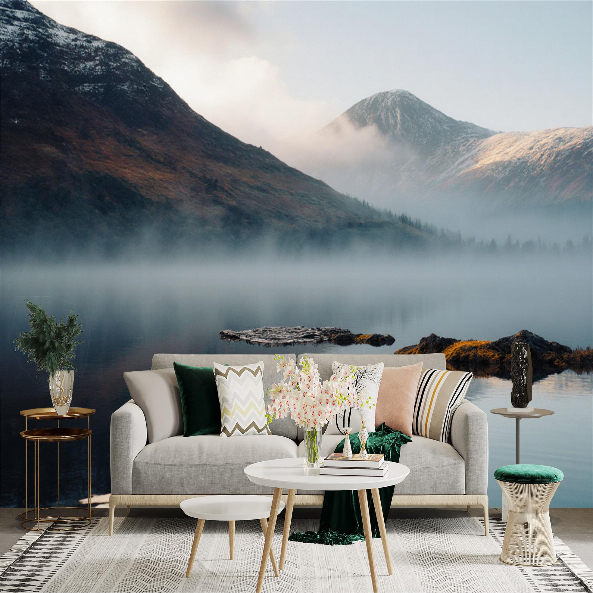 Lnzczhyre Xc260505862 Custom Size Wall Sticker Mural， Misty Mountain Lake Scenery， Morning Fog Over Calm Water， Natural Landscape Art， For Wall Decoration， Peelandstick Wall Decals.