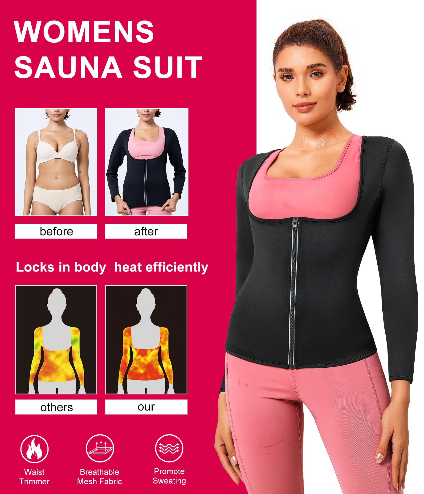 Gotoly Women Waist Trainer Hot Neoprene Shirt Sauna Suit Sweat Body Shaper Jacket Top Zipper Long Sleeve