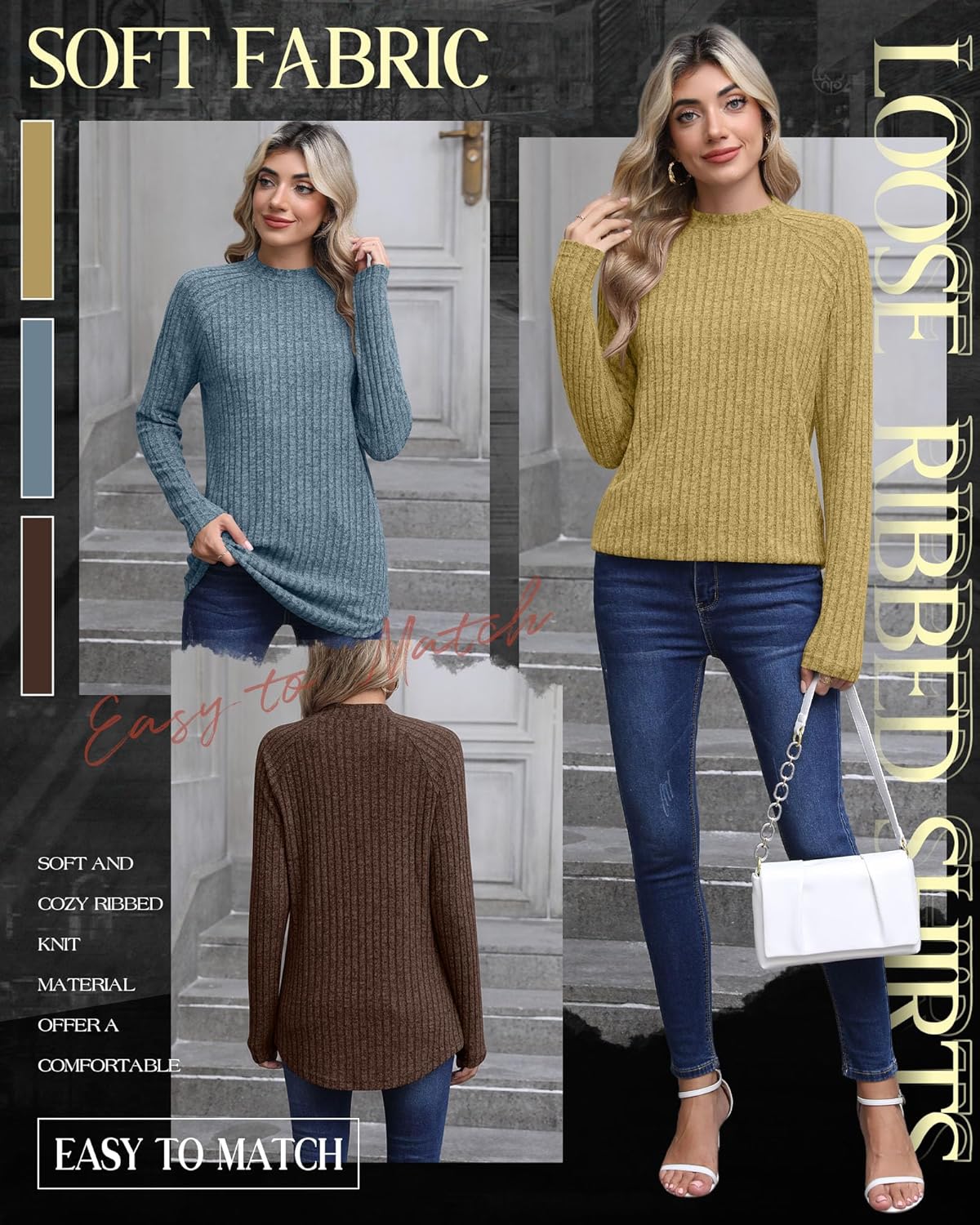 3 Pack Women's Tunic Tops, Mock Turtleneck Raglan Long Sleeve Lightweight Sweaters Loose Curved Hem Ribbed Shirts - Image 6