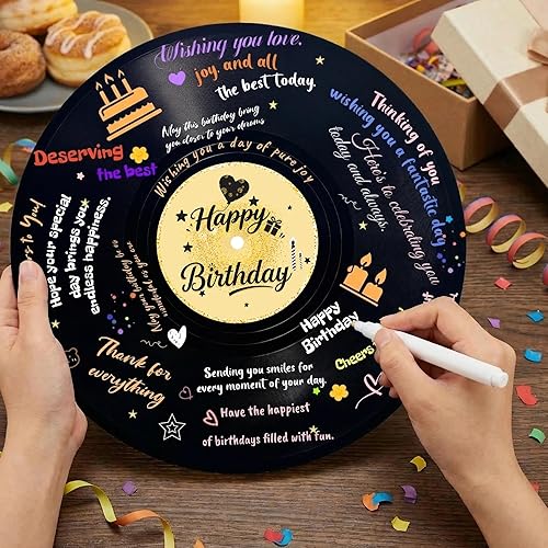 Miniatura 3 de REEGII Libro de invitados de cumpleaños estilo disco de vinilo para decoraciones de cumpleaños, póster grande de 11.6 x 11.6 pulgadas con 12 Feliz
