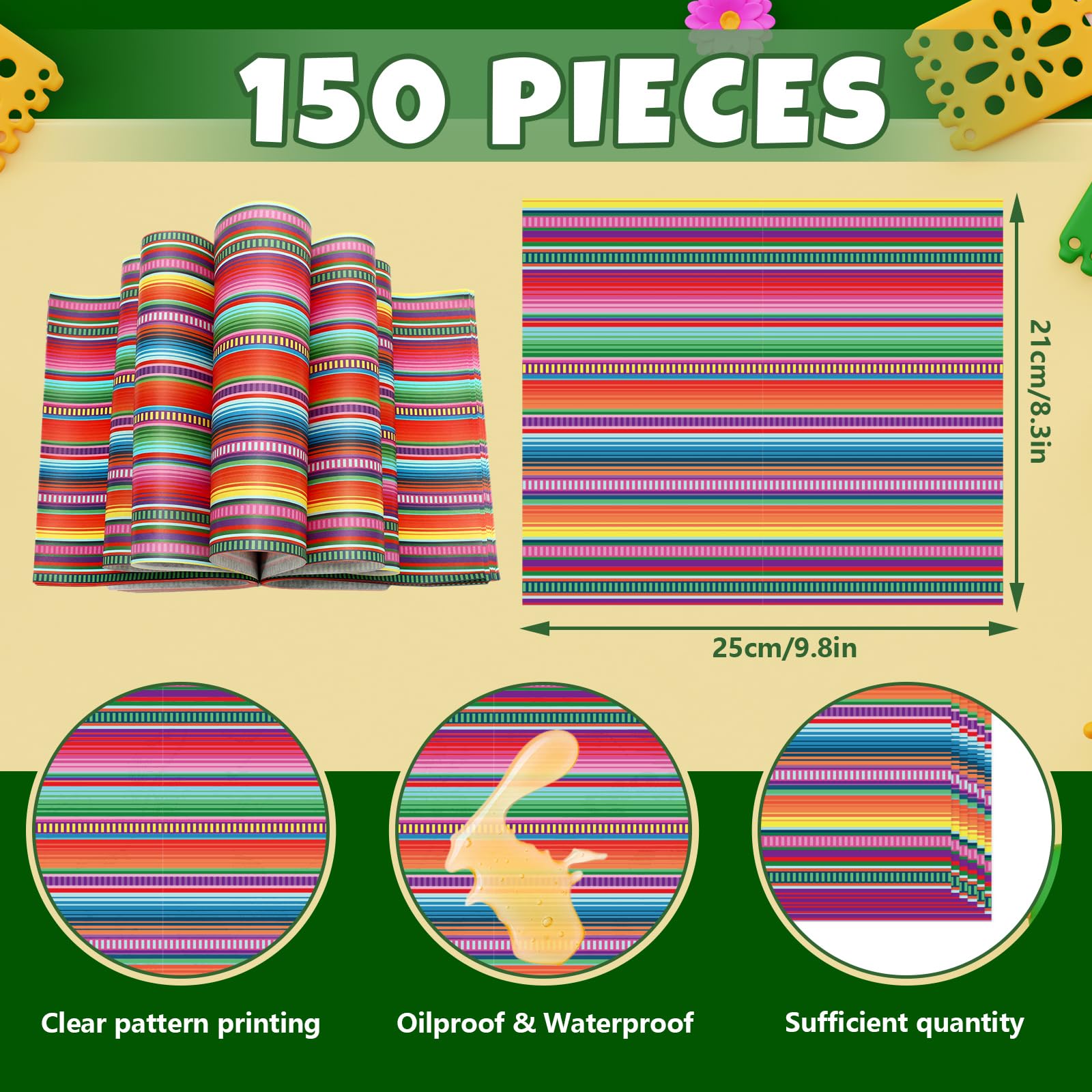 JarThenaAMCS 150 piezas de papel encerado mexicano colorido fiesta rayas delicatessen papel de seda Cinco de Mayo Sandwich Wrap papel papel a prueba de aceite Picnic Liner para fiesta suministros de