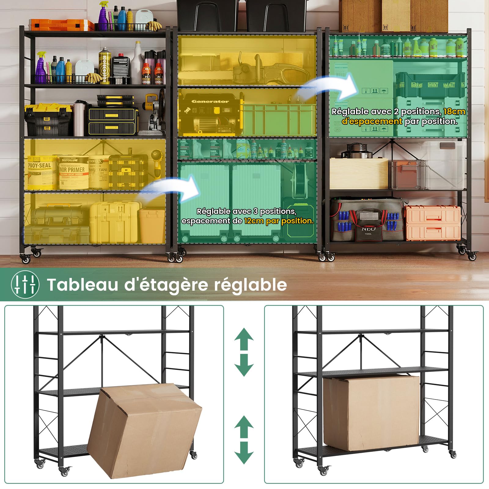 ALANNG Étagère Pliable 200kg - 100cm Largeur, 5 Niveaux Étagère Métallique Réglable & Amovible Noir, Montage sans Outil - Étagère Pliable Mobile pour Cuisine Bureau Cave -165x100x35cm