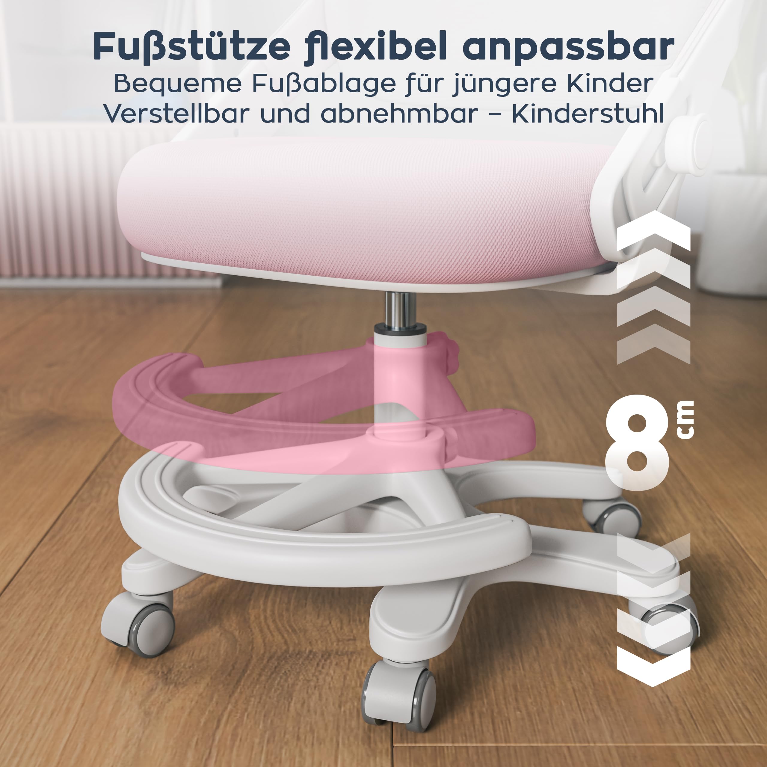 MARK ADLER Junior 4.3 Kinder Bürostuhl – Ergonomischer Kinderdrehstuhl | Mitwachsender Kinderstuhl 90–150 cm – Verstellbare Rückenlehne – Mit Fußstütze – Klappbare Armlehnen 0–90° - Rosa