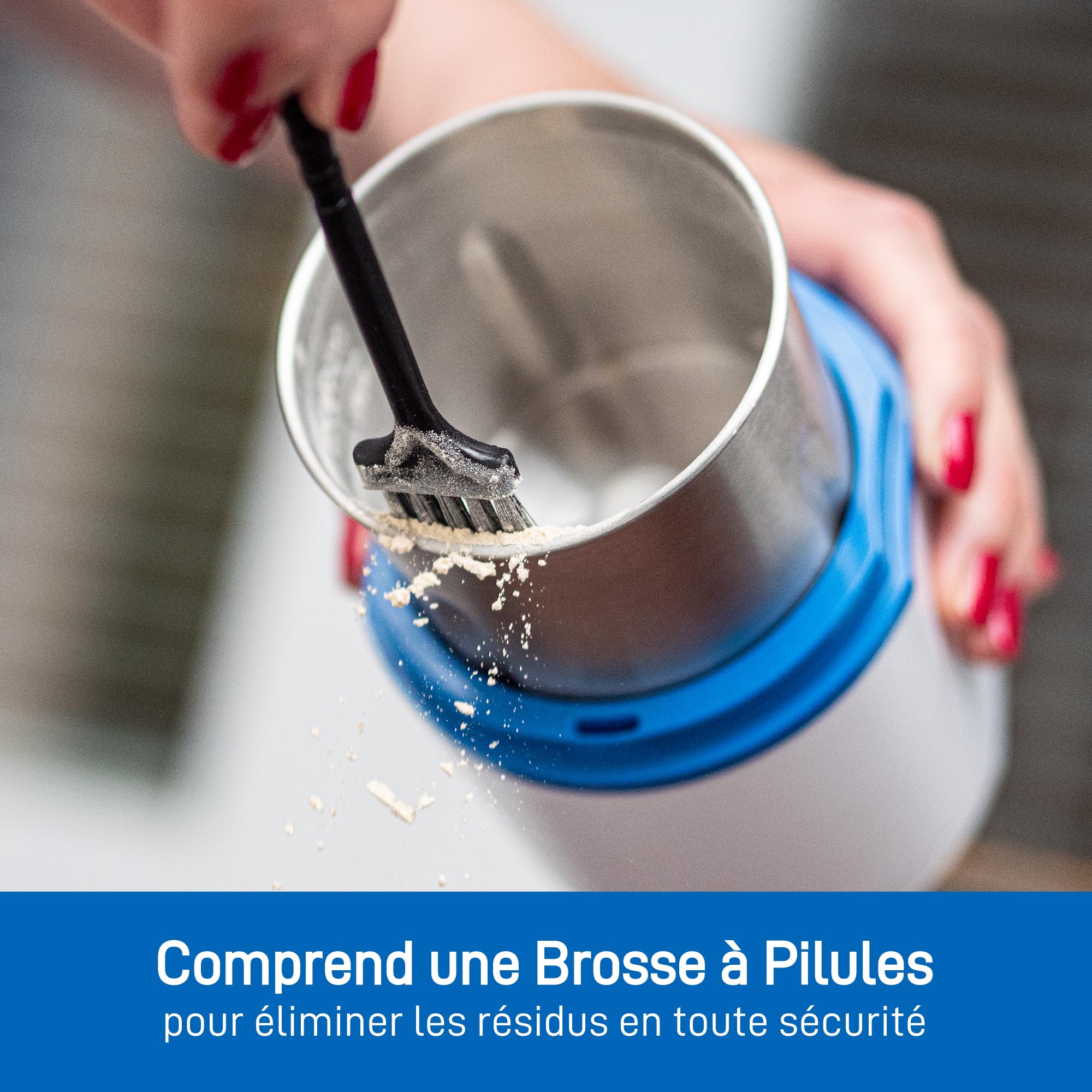 Broyeur de pilules électrique - Pulvérisateur de poudre fine pour médicaments - Avec un organiseur de pilules, une brosse, une cuillère, un chiffon et des lames en acier inoxydable par Pill Mill
