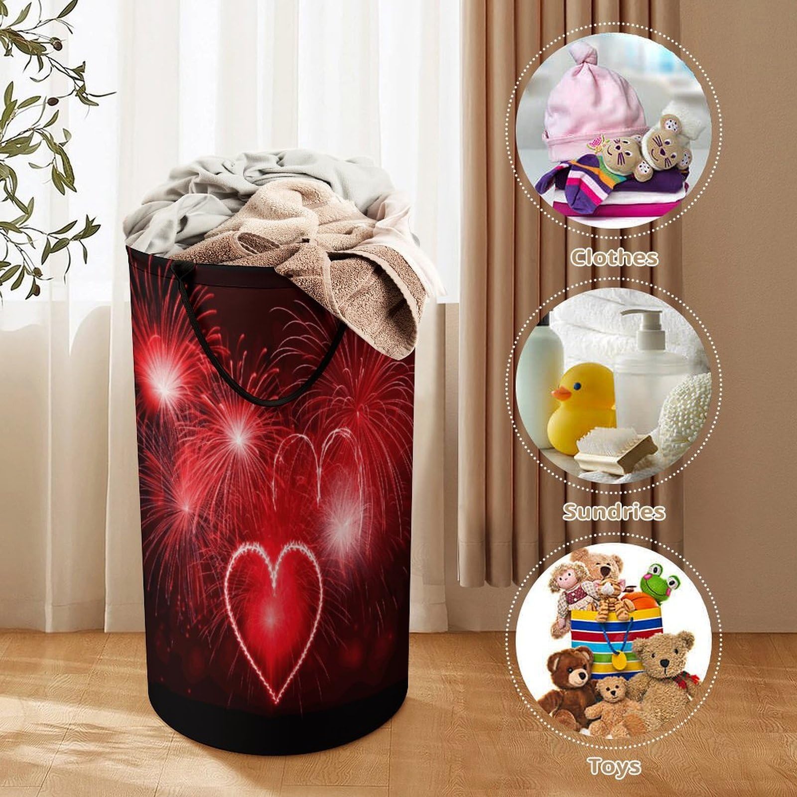 Red Hearts Fireworks - Cesta grande para ropa sucia, cesta de almacenamiento para asas de fácil transporte, cesta grande con asas, cubo de almacenamiento de ropa, organizador de juguetes para baño