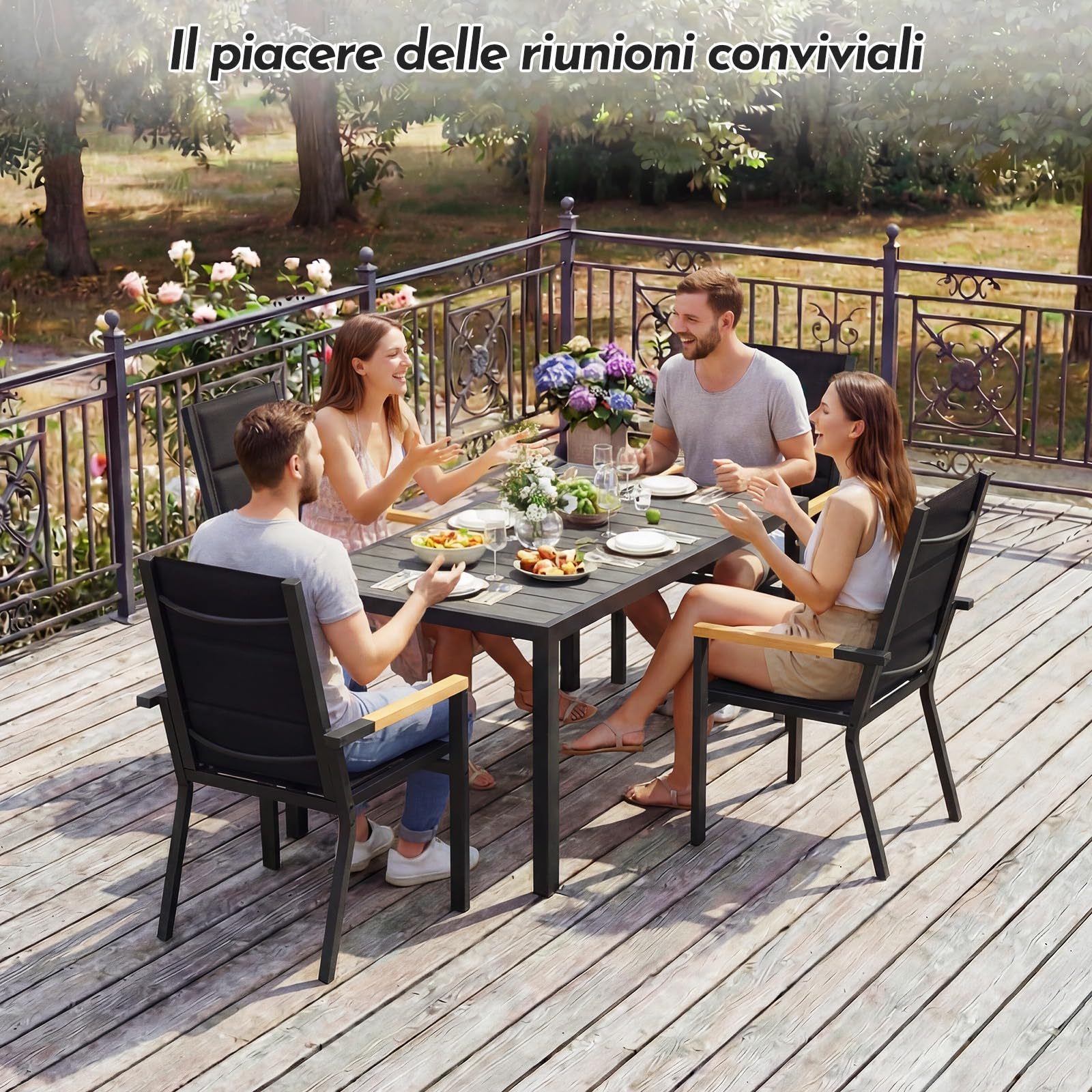 Devoko Set Arredo Giardino 4 Persone Tavolo 150 cm Design Vena Legno Sedie Impilabili Alluminio Grigio