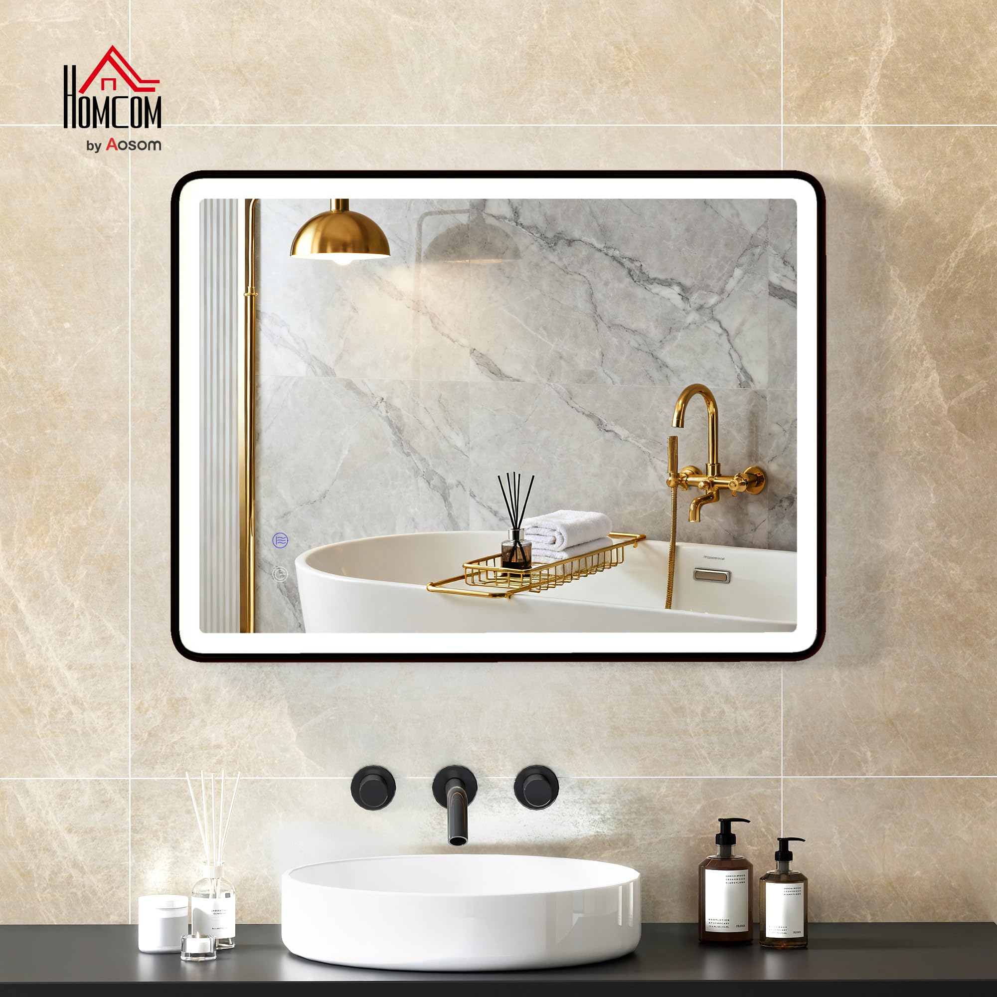 HOMCOM Espejo de baño LED con iluminación, 80 x 60 cm, 3 temperaturas de color, espejo LED antivaho, función de memoria, horizontal o vertical, espejo de maquillaje regulable con marco negro