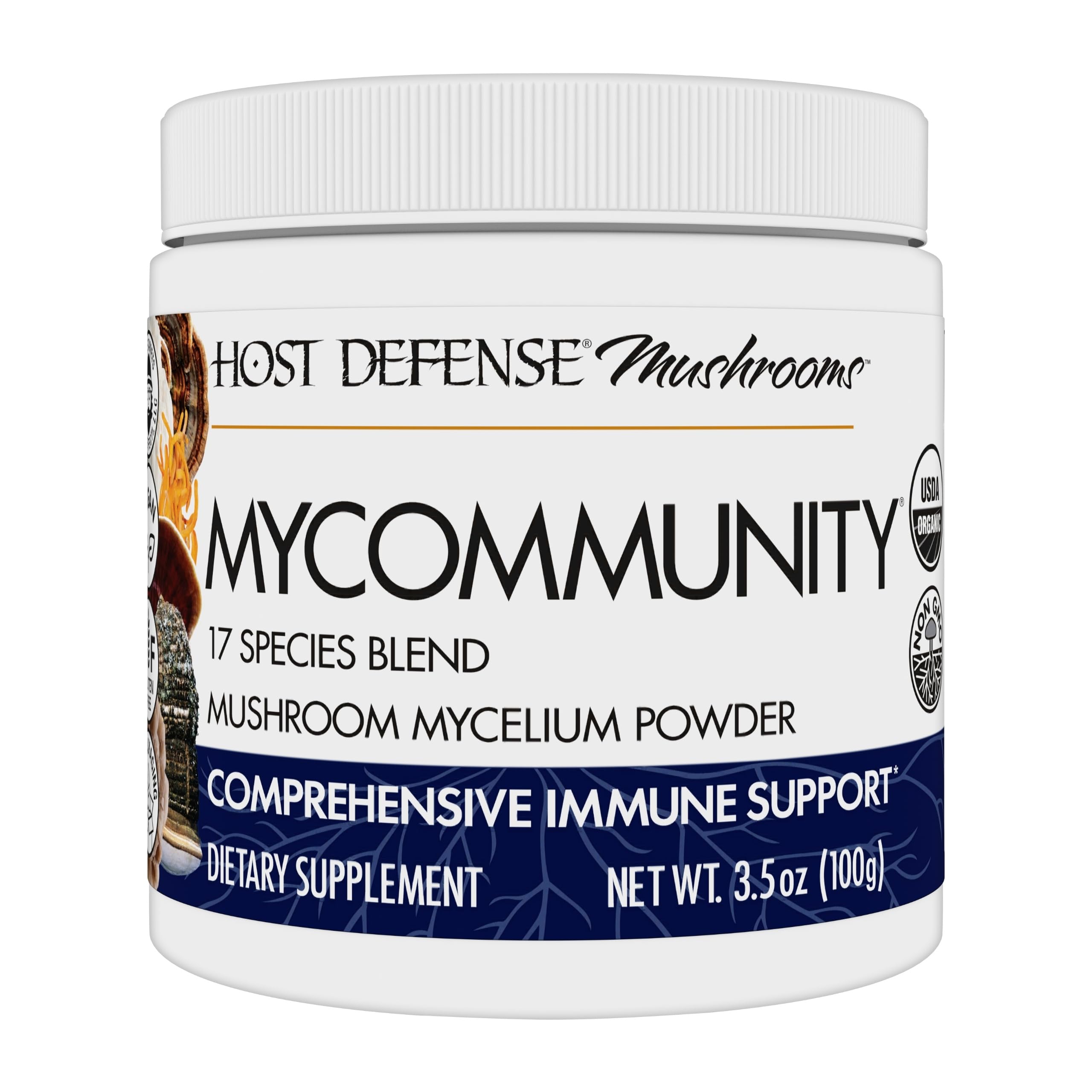 Host DefenseMyCommunity Powder - 17 Species Blend Mushroom Supplement for Immune Support - Extract with Lion's Mane, Reishi, Chaga, Cordyceps, Turkey Tail & More - 100g (66 Servings)*USDA Organic
