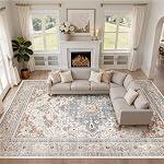 5x7 Area Rugs Living Room: Washable Boho Large Neutral Vintage Soft Rug Stain Resistant Farmhouse Non Slip Indoor Floor Carpet for Bedroom Nursery Kids Playroom Office Dining Room- Beige Blue