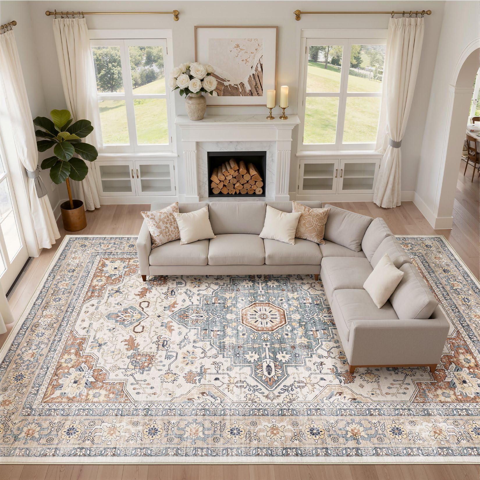 Photo 1 of 10x12 Area Rug Living Room: Washable Boho Large Neutral Vintage Soft Rugs Stain Resistant Distressed Farmhouse Non-Slip Indoor Floor Carpet for Bedroom Nursery Kids Office Dining Room- Beige Blue