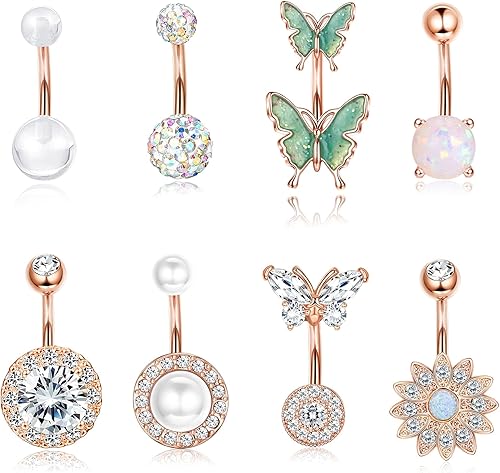 Dochais 8 piercings para ombligo de acero quirúrgico para mujer, de acero inoxidable, ópalo, perla brillante, circonita cúbica, joyería de piercing