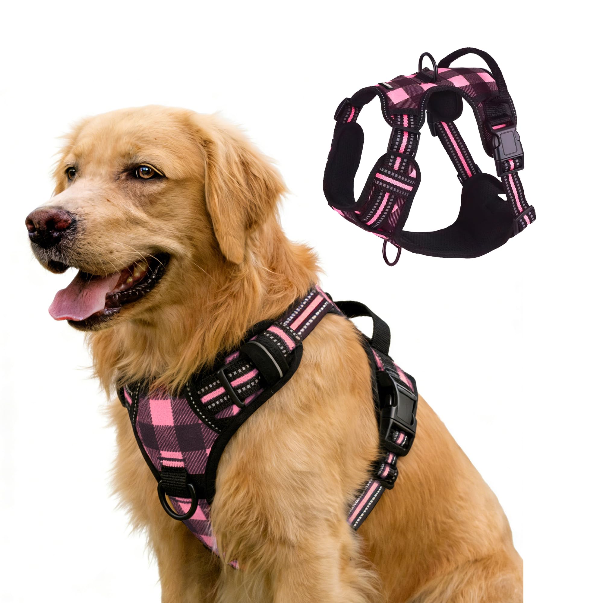 AIITLE No-Pull Dog Harness with Handle, Reflective Classic Plaid Adjustable Padded Pet Vest with Front & Back 2 Metal Leash Clips, Anti-Choke Easy Control for Small Medium Large Dogs(Pink,XL)